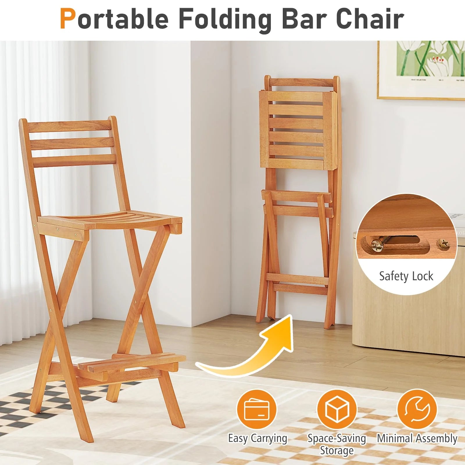 Tangkula Outdoor Portable High Top Acacia Wood Bar Height Chair with Backrest & Footrest - Product image 6