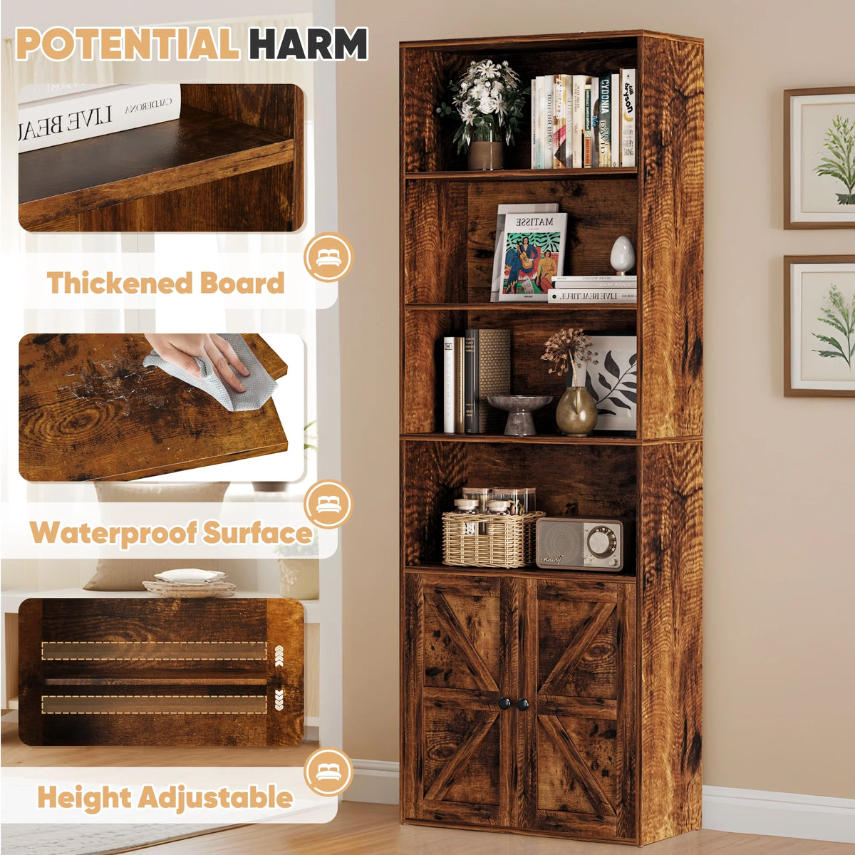 Furmax 1 Piece 4 - Shelf Farmhouse Bookcases 4 - Tier Bookshelf with Adjustable Shelves&Doors - Product image 28