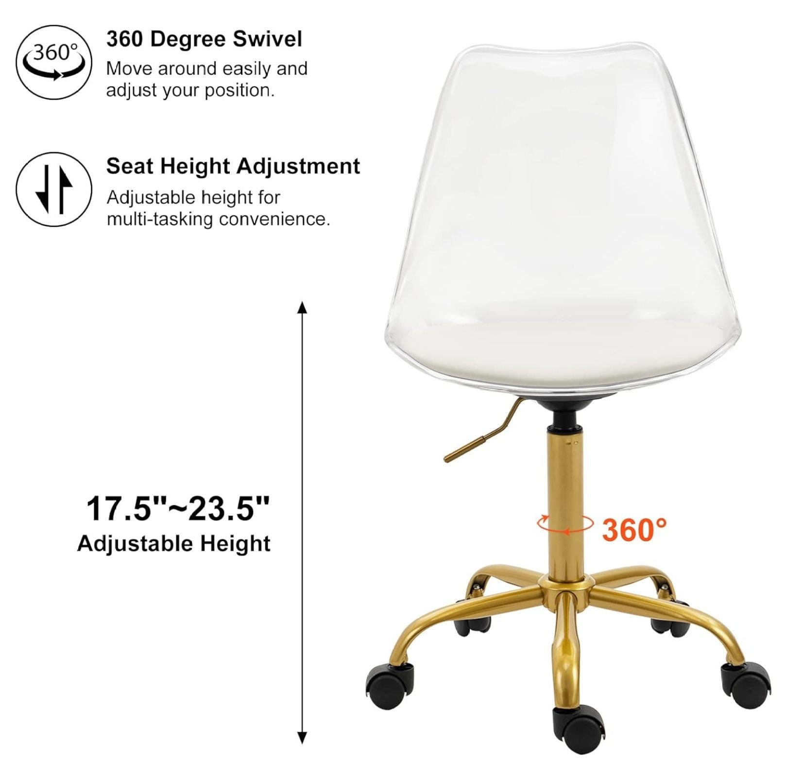 Echoworld Clear Rolling Chair, Armless Desk Chair with Golden Feet Swivel Molded Plastic Shell Adjustable - Product image 36