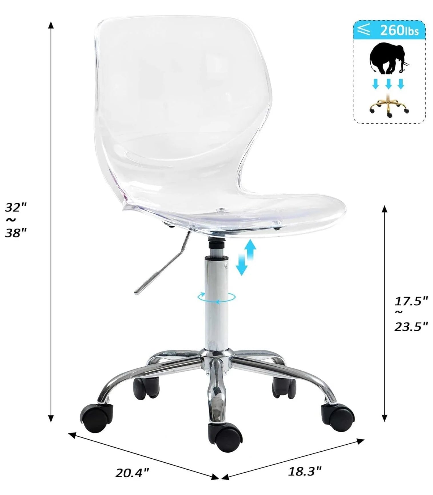 Echoworld Clear Rolling Chair, Armless Desk Chair with Golden Feet Swivel Molded Plastic Shell Adjustable - Product image 25