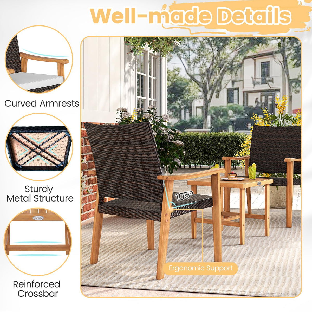 Tangkula 3 Pieces Patio PE Wicker Furniture Set Acacia Wood Outdoor Conversation Bistro Set