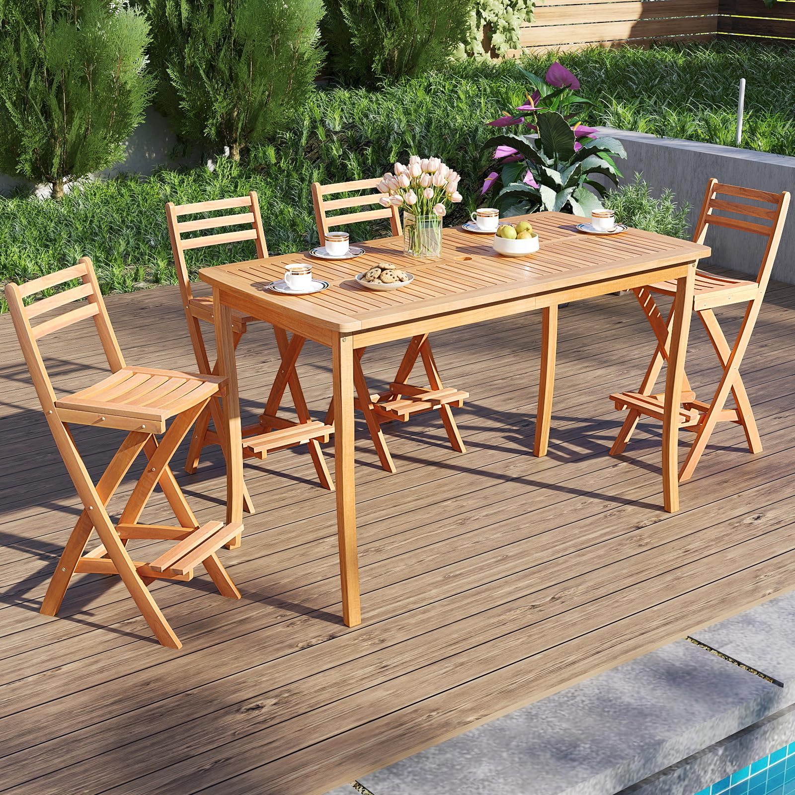 Tangkula Outdoor Portable High Top Acacia Wood Bar Height Chair with Backrest & Footrest - Product image 4