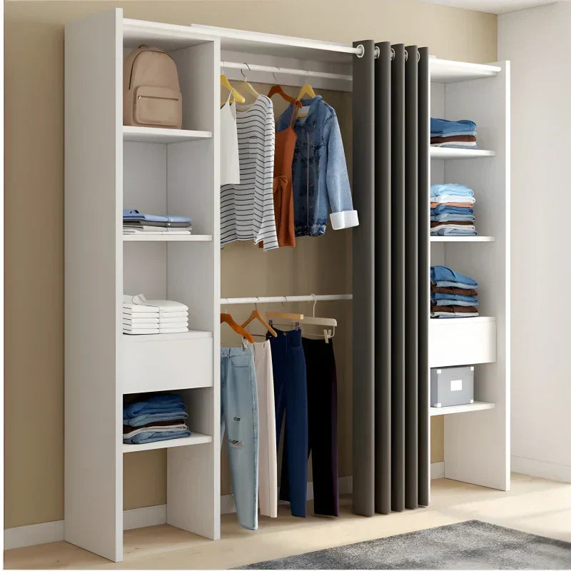 White & Gray Extendable Dressing Room with Curtain - Shelves - Double Wardrobe -