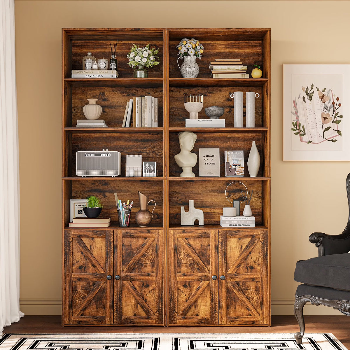 Furmax 1 Piece 4 - Shelf Farmhouse Bookcases 4 - Tier Bookshelf with Adjustable Shelves&Doors - Product image 7