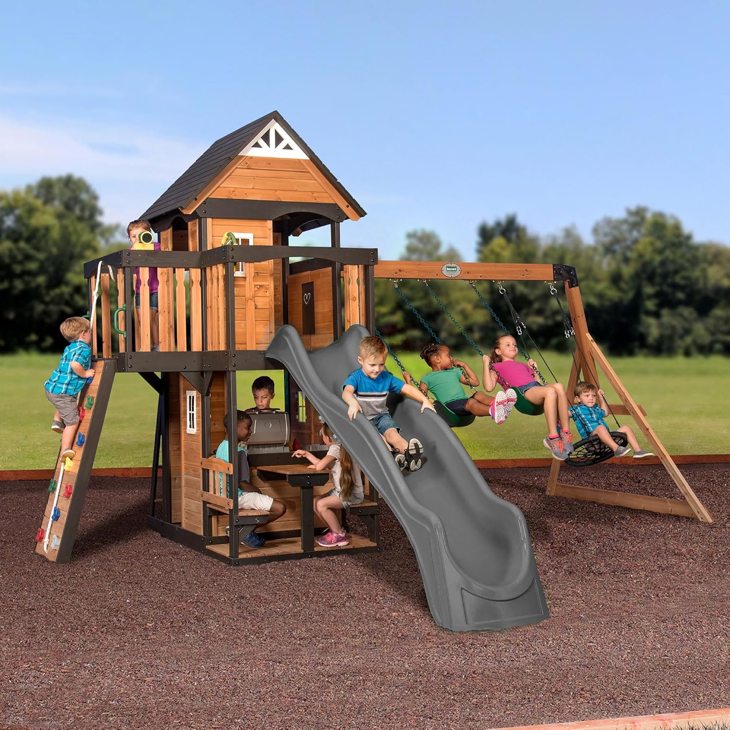 Backyard Discovery Canyon Creek Cedar Wood Swing Set with Wave Slide, Clubhouse, Play Kitchen, Picnic Area - Product image 4