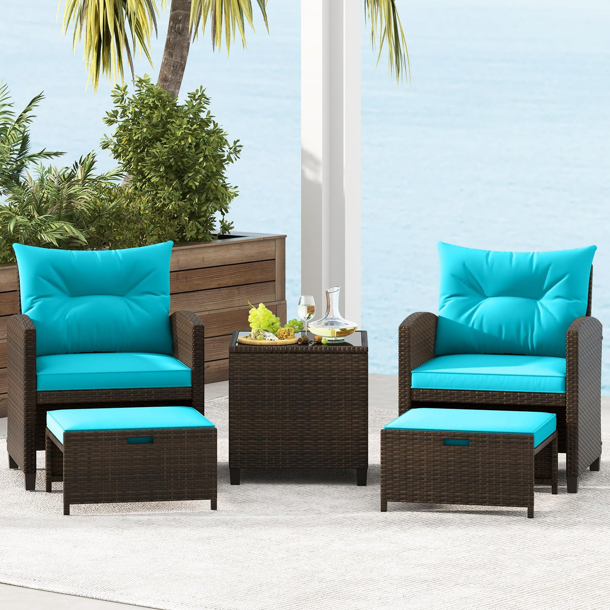 Tangkula 5 Piece Patio Rattan Furniture - Wicker Cushioned Chairs Set w/ 2 Ottomans & Tempered Glass Coffee - Product image 4