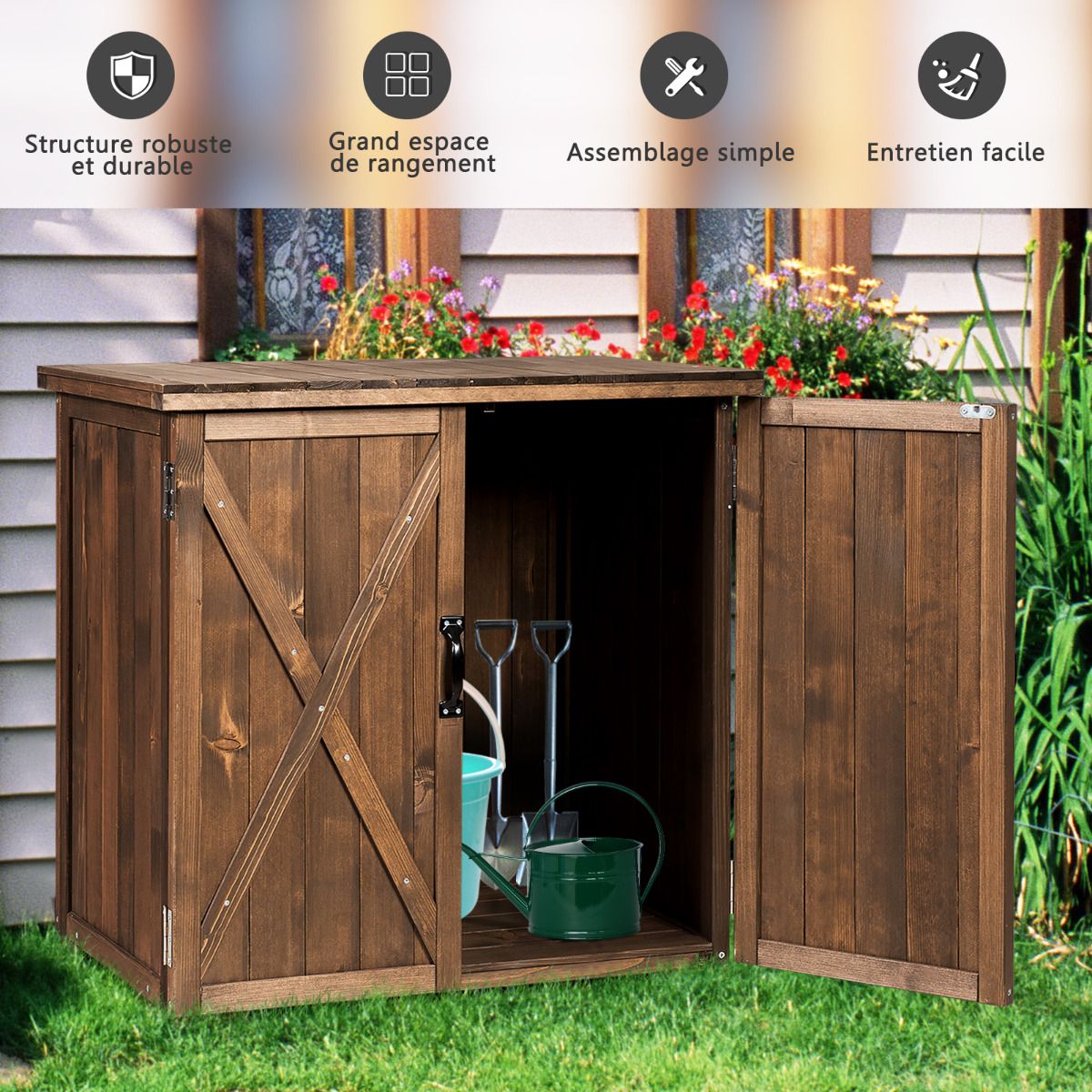 Outdoor Wooden Garden Cabinet 77.5 x 56 x 72 cm Tool Shed with Double Doors Brown -