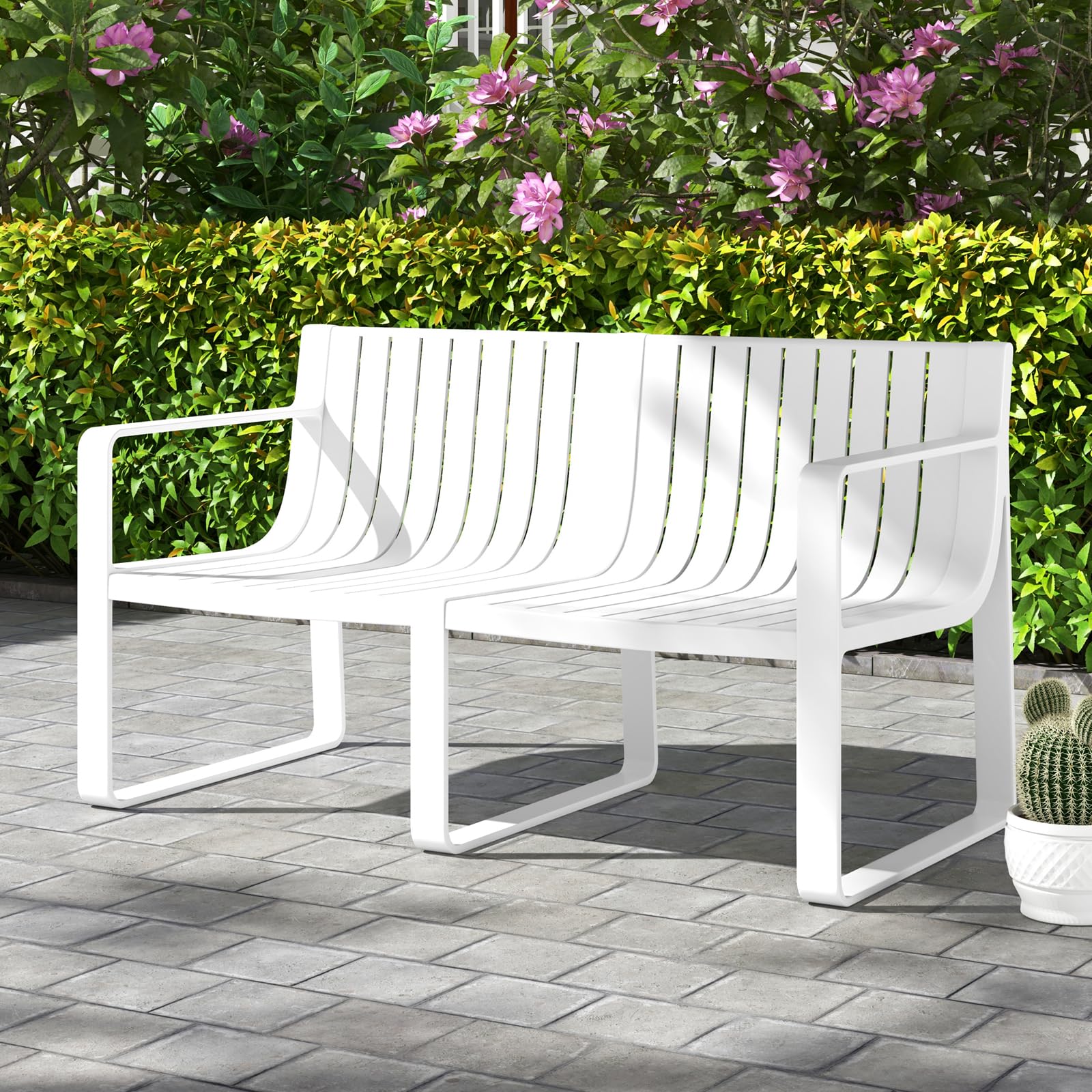 All-Weather Plastic Outdoor Patio Bench, 2-Person Garden Loveseat with Curved Backrest & Slatted Design - Product image 10