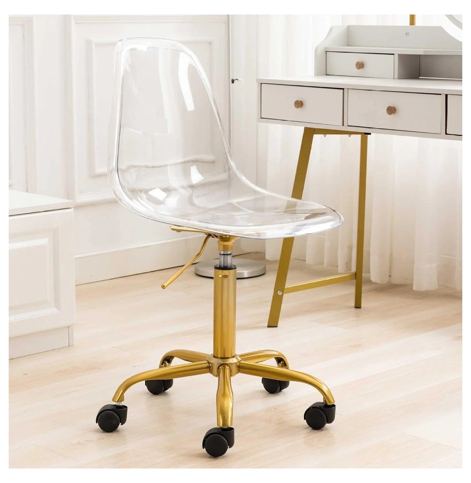 Echoworld Clear Rolling Chair, Armless Desk Chair with Golden Feet Swivel Molded Plastic Shell Adjustable - Product image 10
