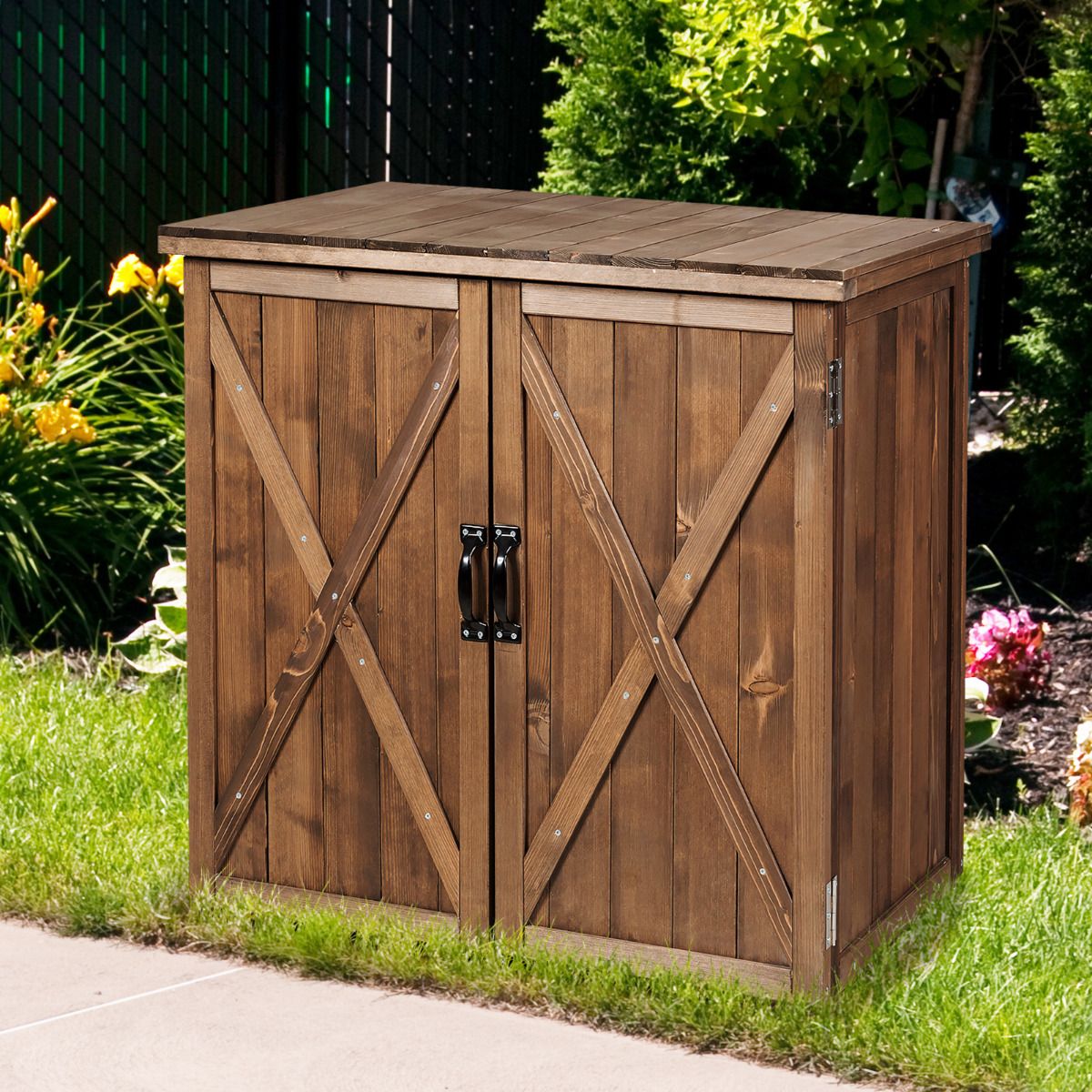 Outdoor Wooden Garden Cabinet 77.5 x 56 x 72 cm Tool Shed with Double Doors Brown -