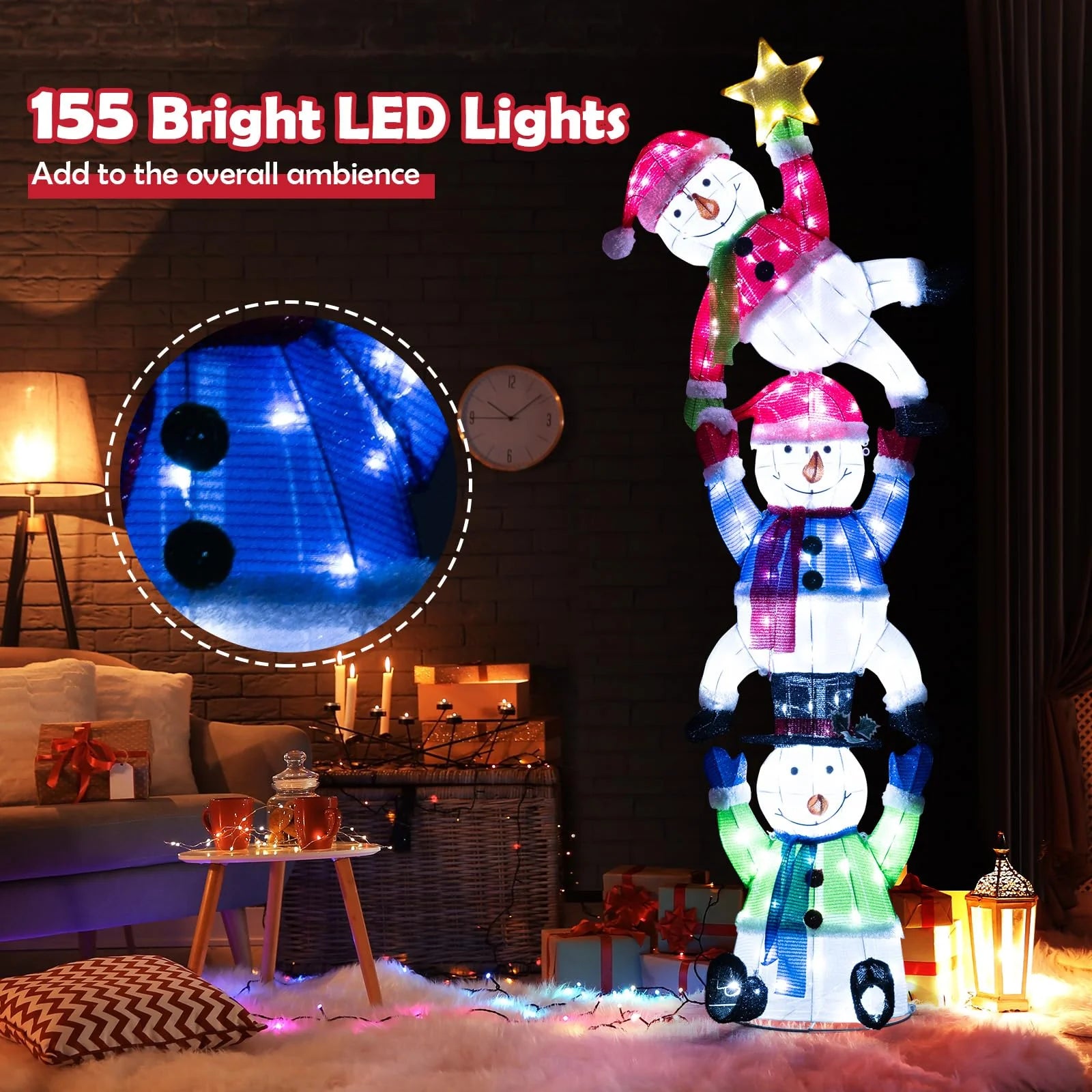 Tangkula 6 FT Lighted Christmas Stacked Snowman Set, Light-up Christmas Decoration with 155 LED Lights - Product image 5