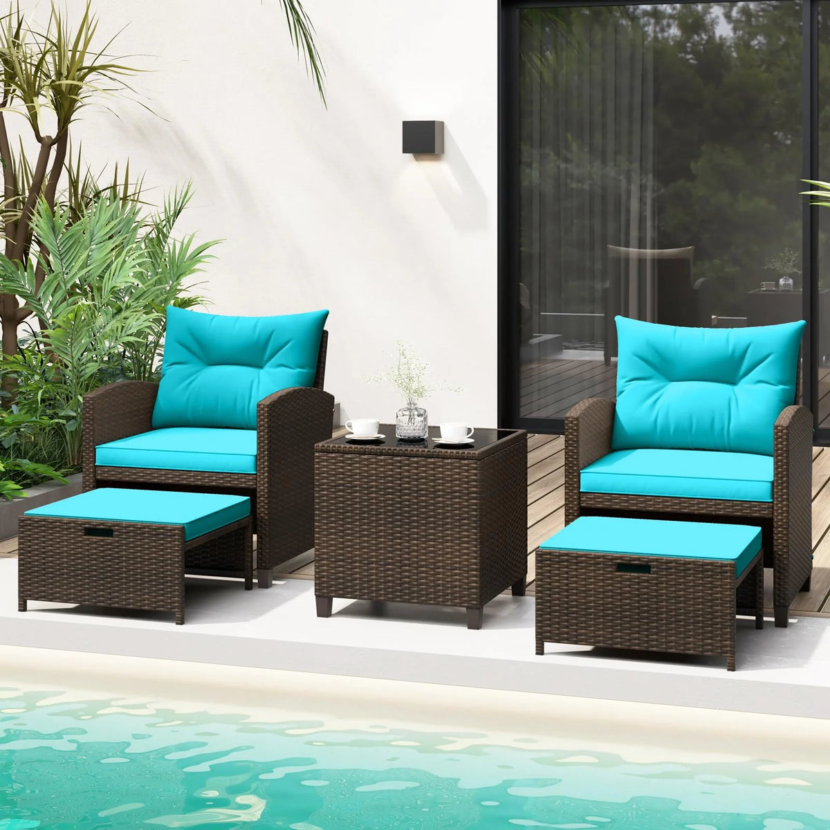 Tangkula 5 Piece Patio Rattan Furniture - Wicker Cushioned Chairs Set w/ 2 Ottomans & Tempered Glass Coffee - Product image 2