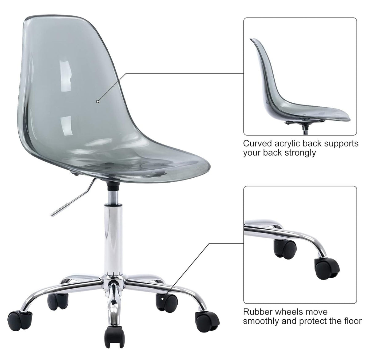Echoworld Clear Rolling Chair, Armless Desk Chair with Golden Feet Swivel Molded Plastic Shell Adjustable - Product image 31