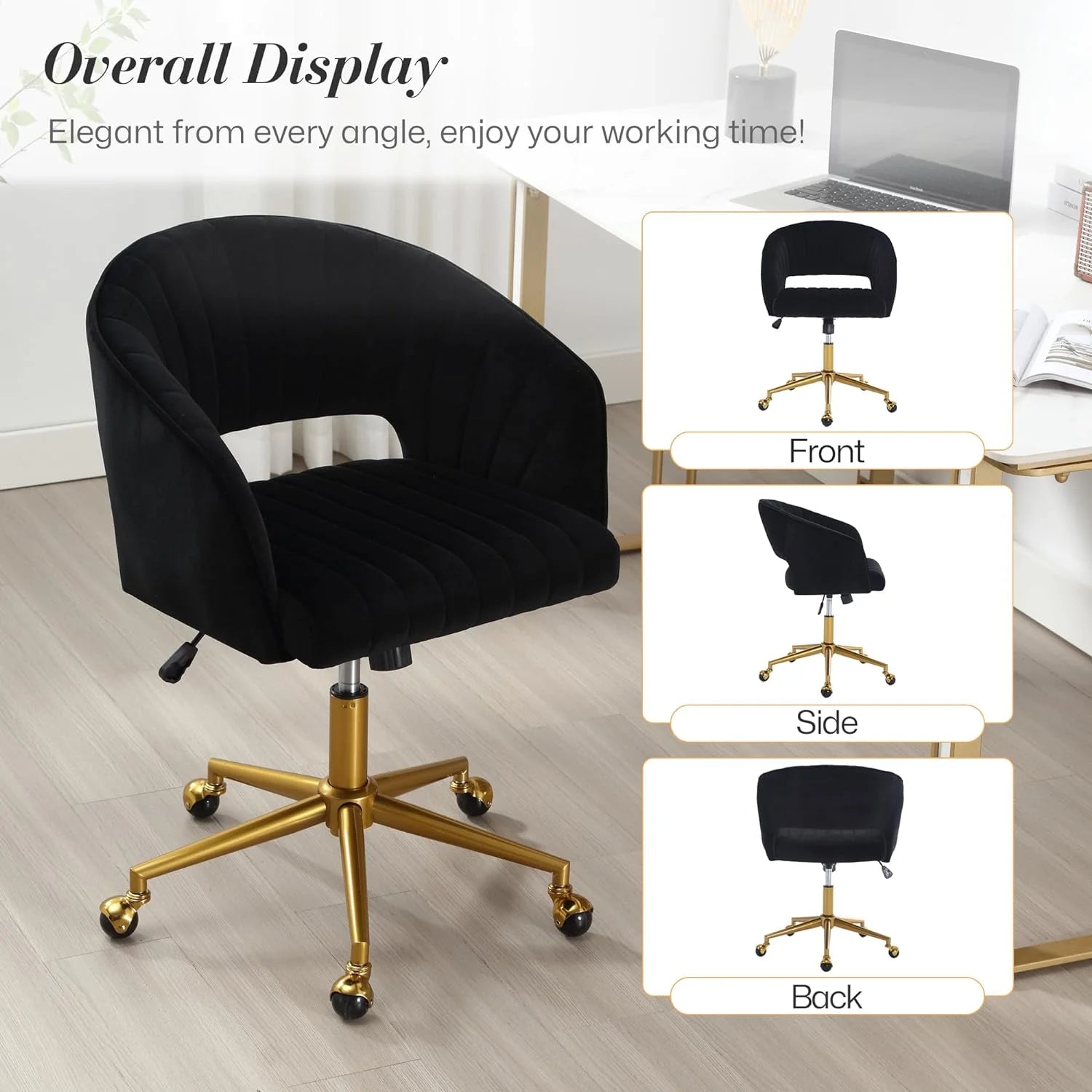 Home Office Swivel Desk Chair, Modern Velvet Vanity Chair, Height Adjustable Armchair with Gold Base - Product image 36