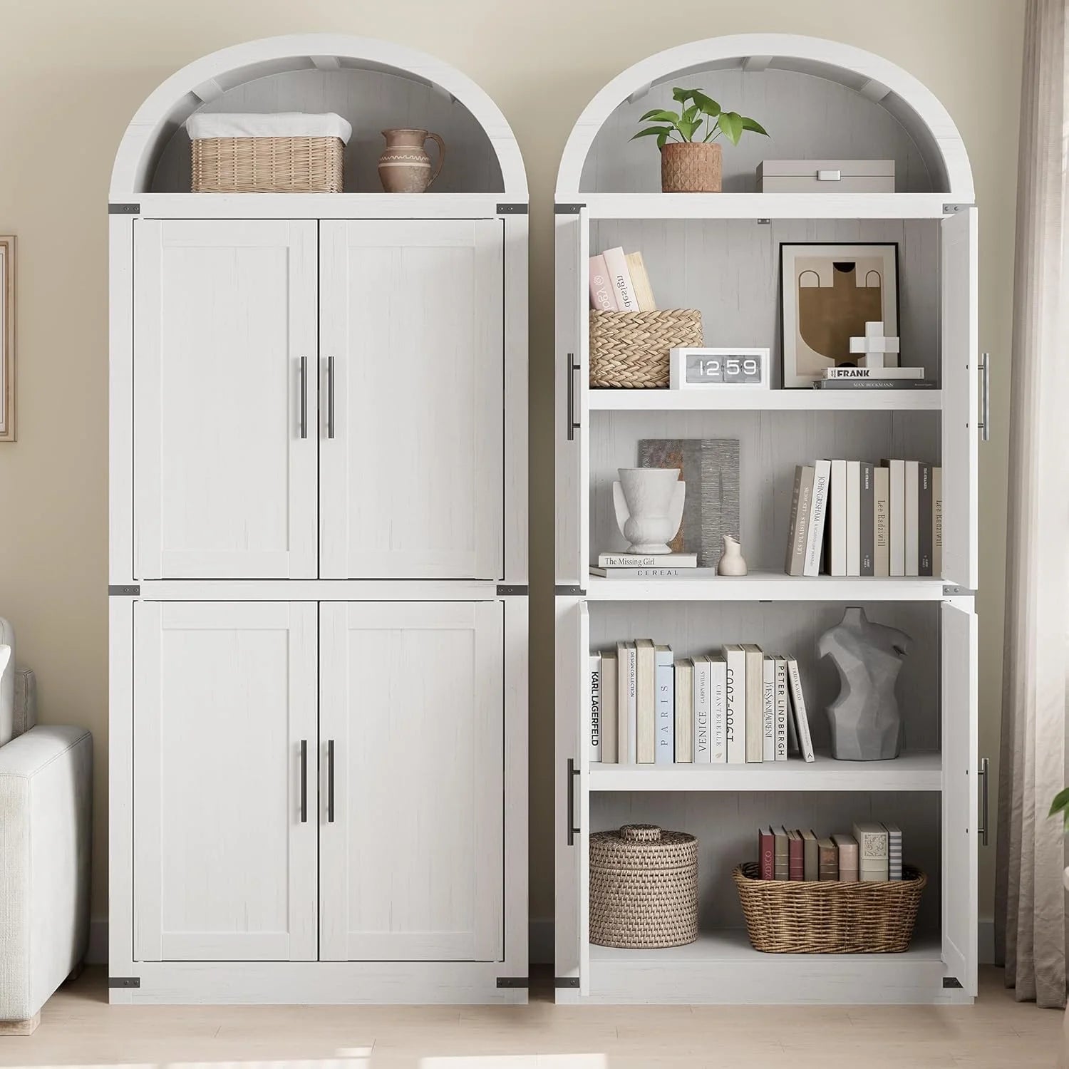 Garvee Arched Storage Cabinet, 71.6" Tall Kitchen Pantry with Doors, 5 - Tier Farmhouse Bookshelf, Large Wooden Display Cabinet for Kitchen, Dining Room, Living Room, White
