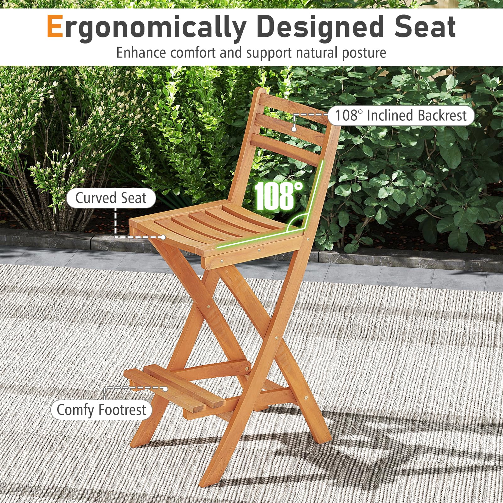 Tangkula Outdoor Portable High Top Acacia Wood Bar Height Chair with Backrest & Footrest - Product image 9