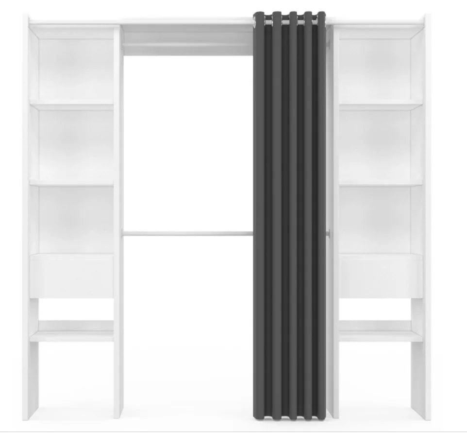 White & Gray Extendable Dressing Room with Curtain - Shelves - Double Wardrobe -