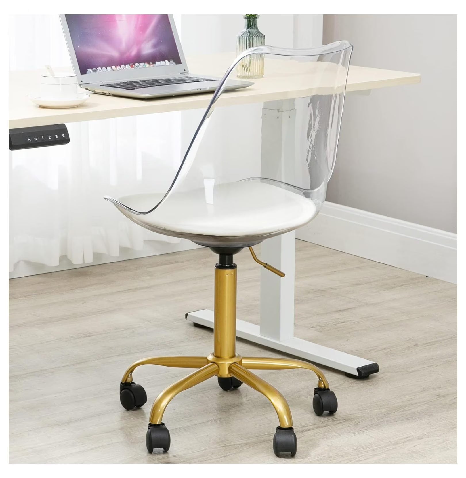 Echoworld Clear Rolling Chair, Armless Desk Chair with Golden Feet Swivel Molded Plastic Shell Adjustable - Product image 11