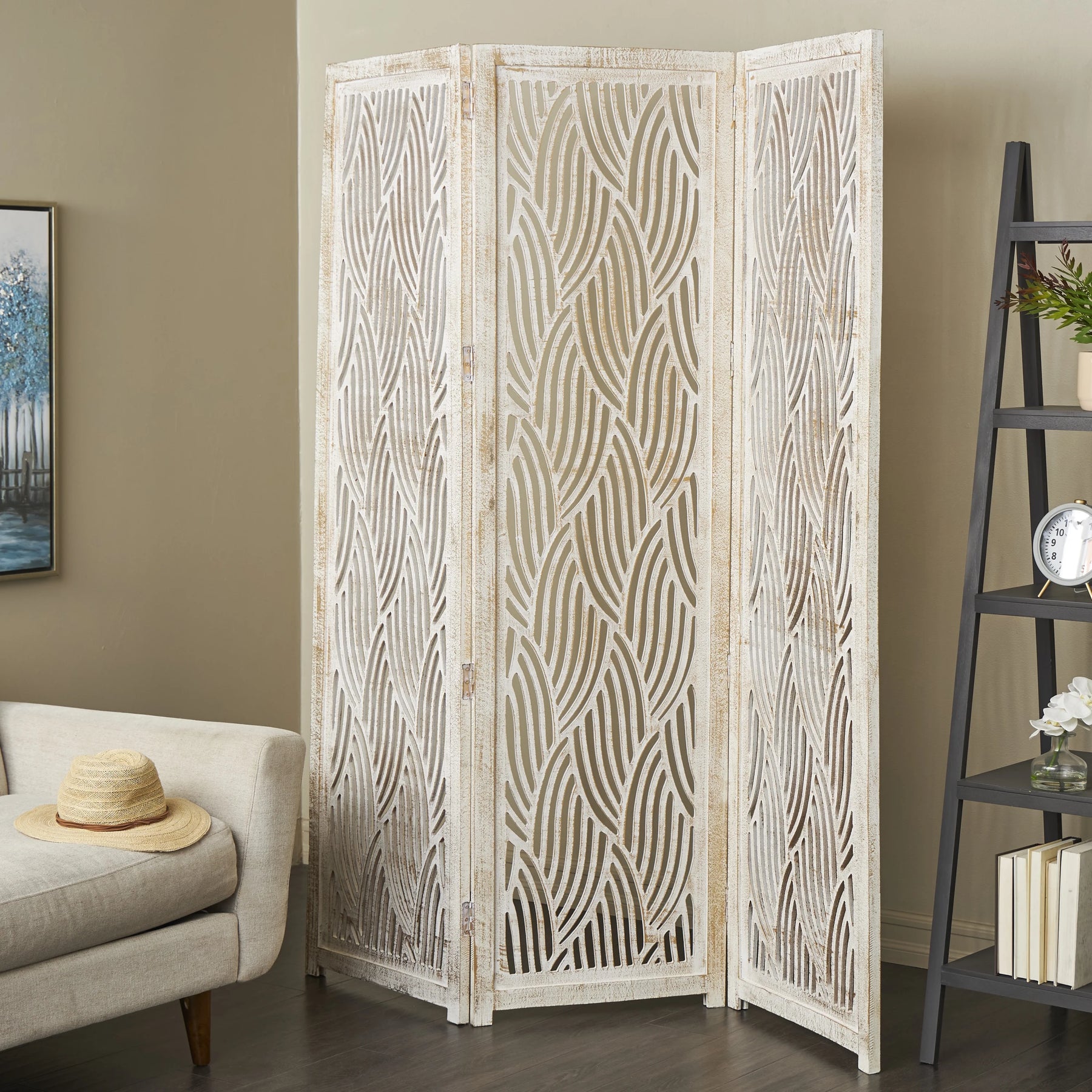 Decmode 60" x 72" Black Mango Wood Abstract Wavy Cutout 3 Panel Room Divider Screen, 1 - Piece - Product image 14