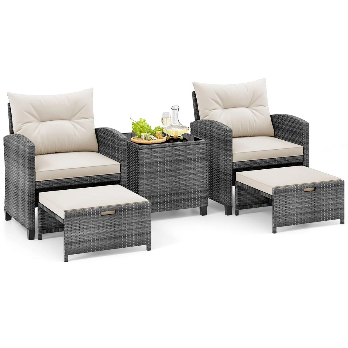 Tangkula 5 Piece Patio Rattan Furniture - Wicker Cushioned Chairs Set w/ 2 Ottomans & Tempered Glass - Product image 10
