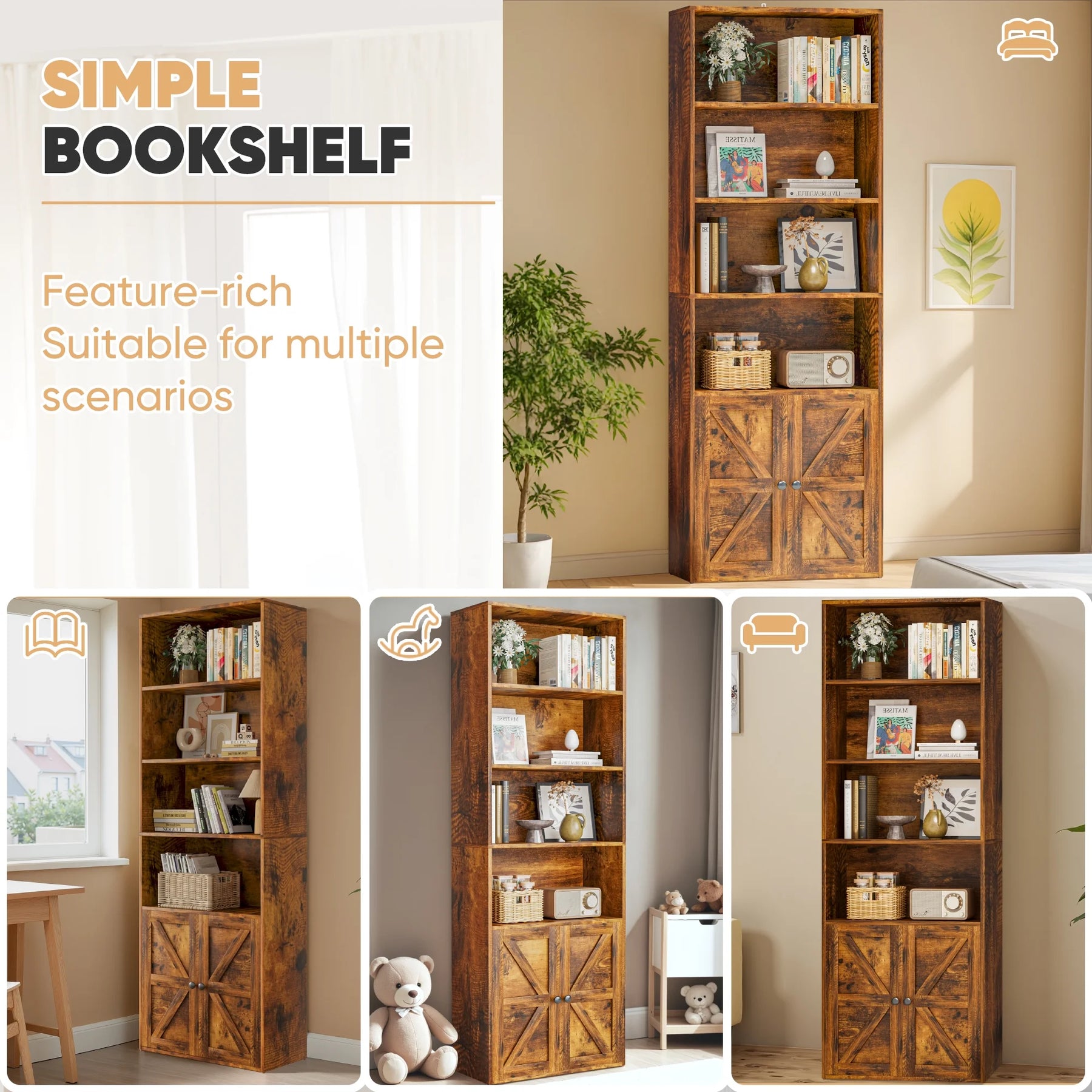 Furmax 1 Piece 4 - Shelf Farmhouse Bookcases 4 - Tier Bookshelf with Adjustable Shelves&Doors - Product image 26