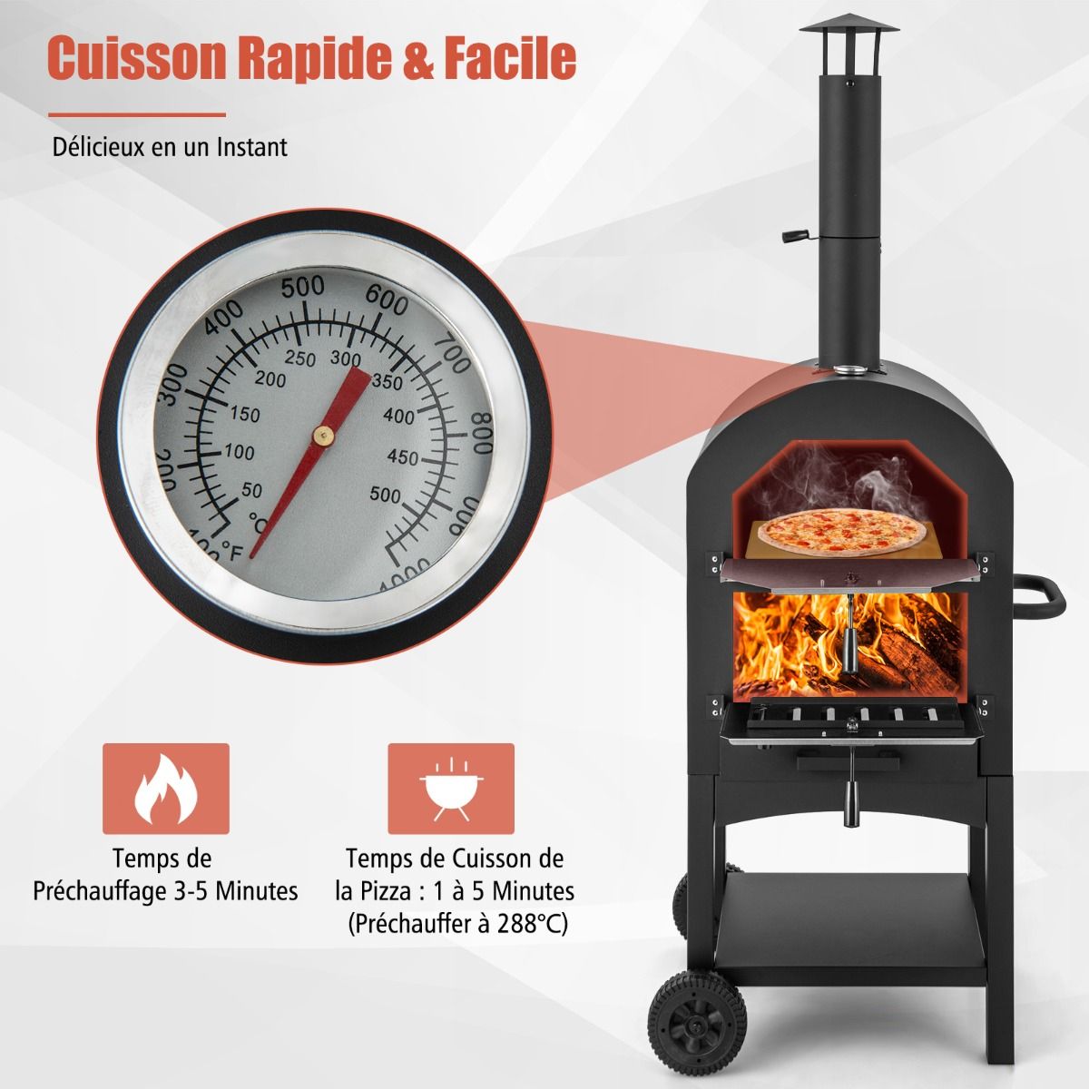 Outdoor Charcoal Pizza Oven with Pizza Shovel Pizza Stone Waterproof Cover Chimney and Double Thermometer Black -