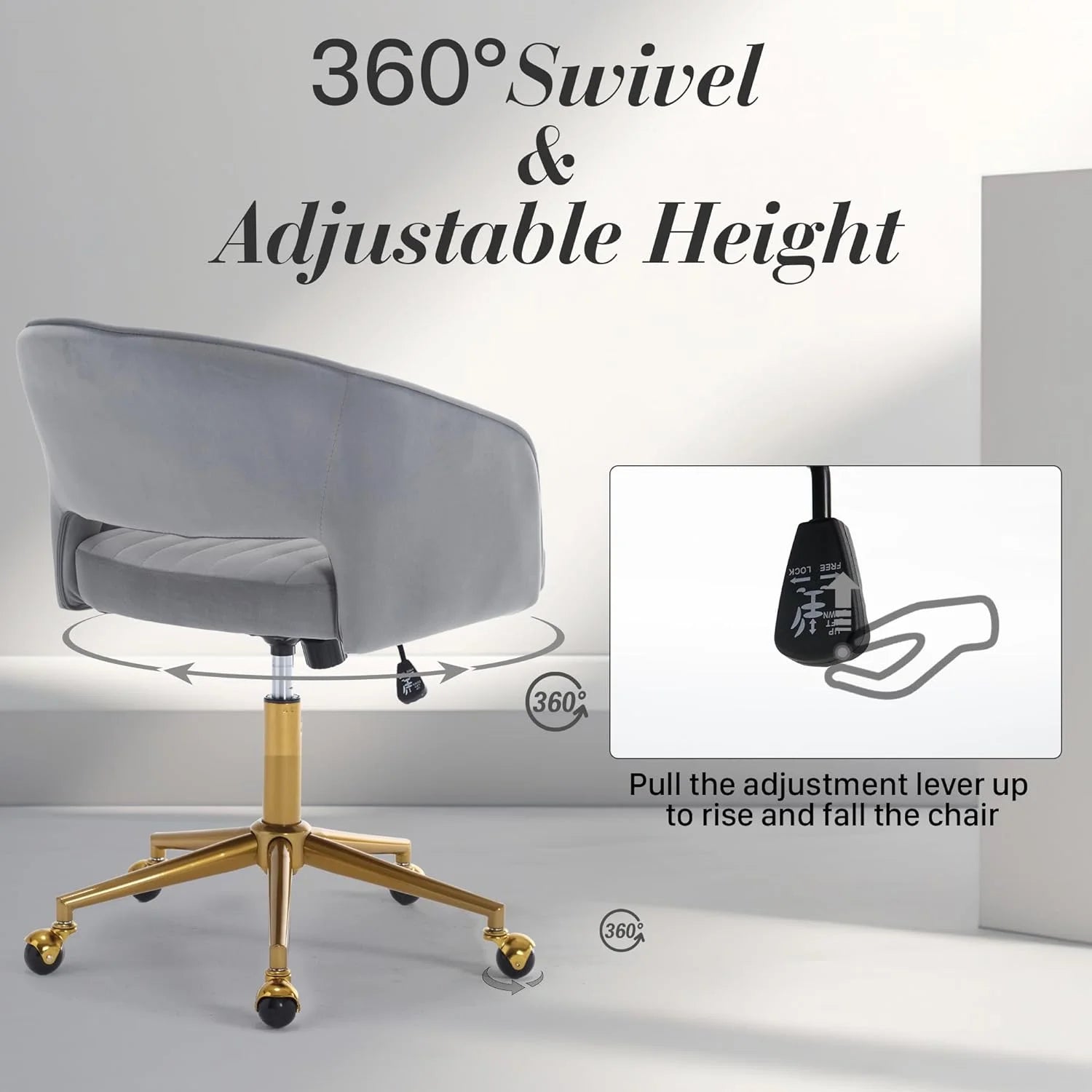 Home Office Swivel Desk Chair, Modern Velvet Vanity Chair, Height Adjustable Armchair with Gold Base - Product image 20