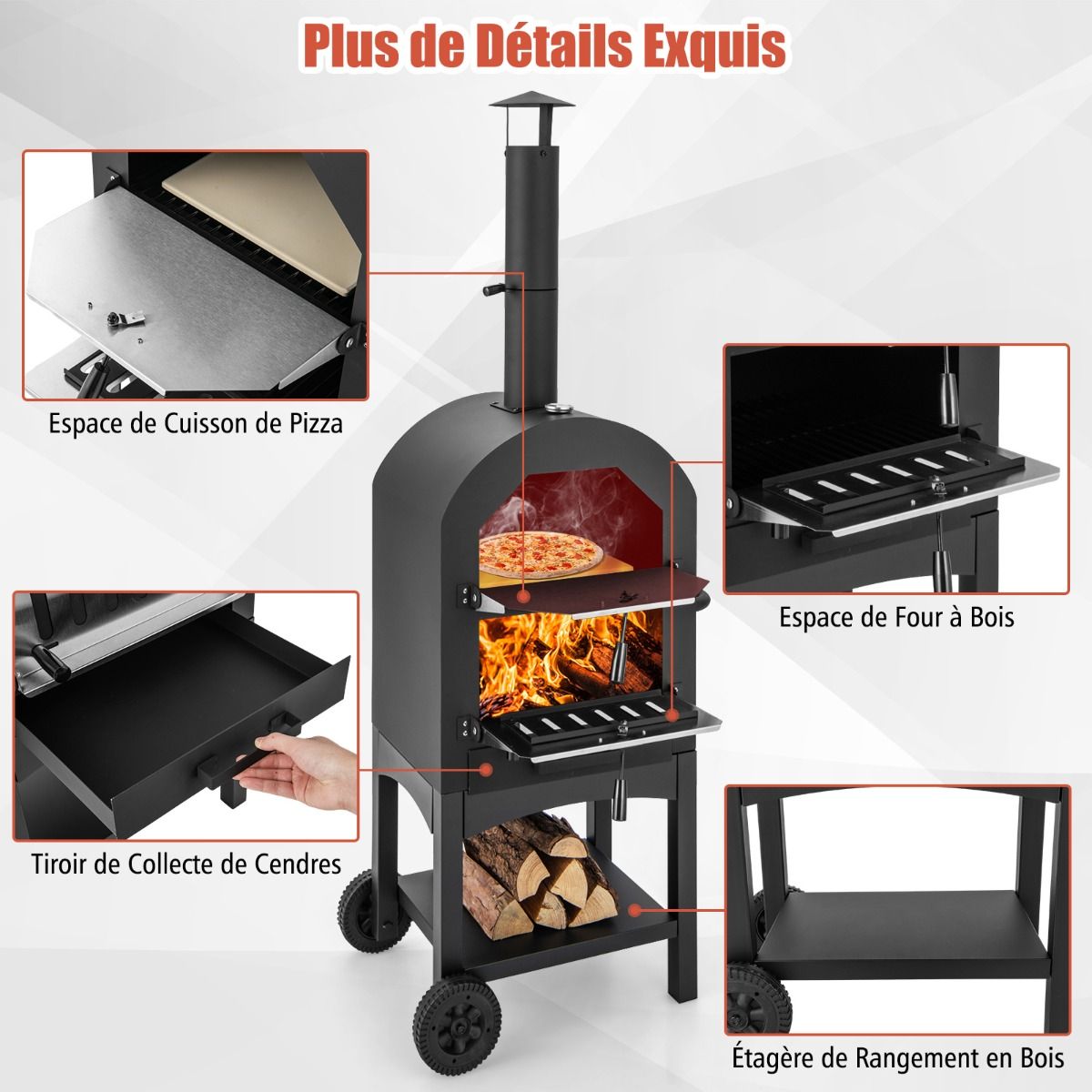 Outdoor Charcoal Pizza Oven with Pizza Shovel Pizza Stone Waterproof Cover Chimney and Double Thermometer Black -