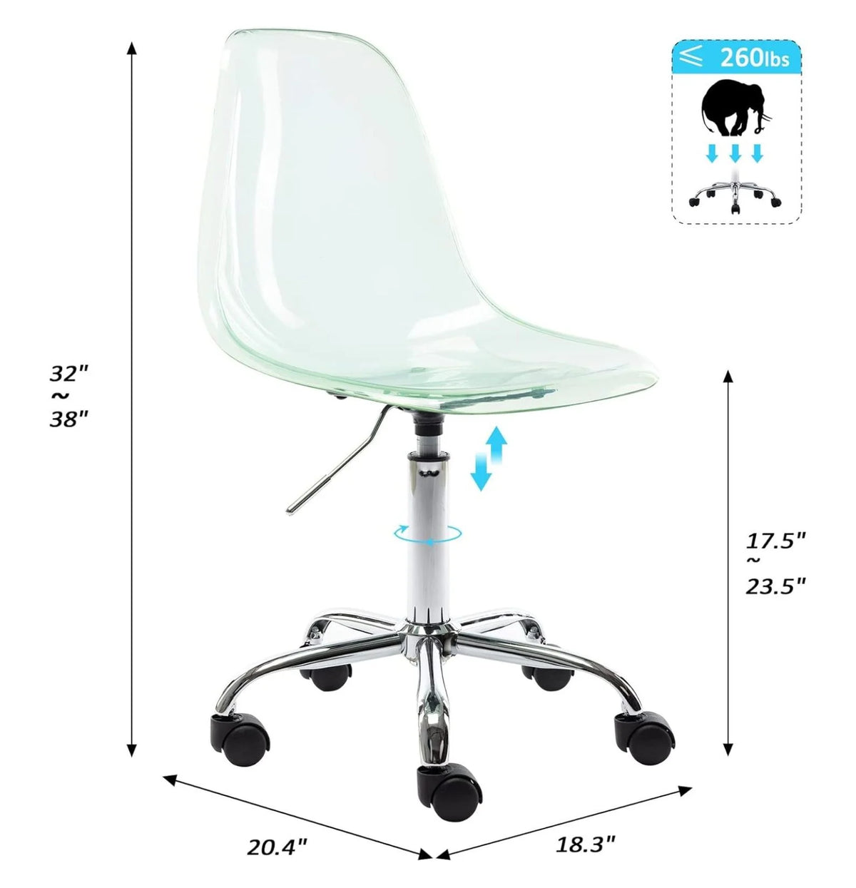 Echoworld Clear Rolling Chair, Armless Desk Chair with Golden Feet Swivel Molded Plastic Shell Adjustable - Product image 24