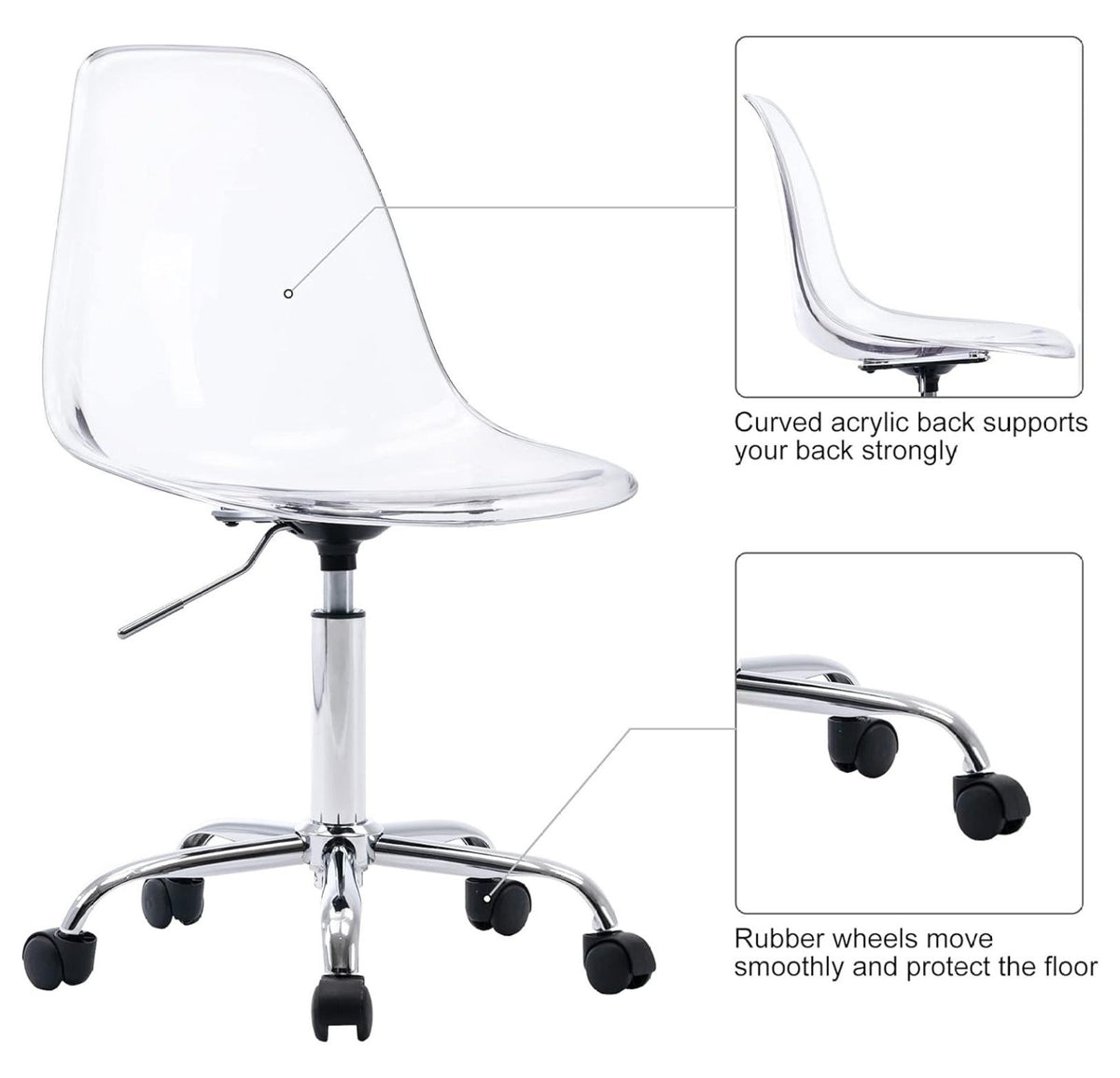 Echoworld Clear Rolling Chair, Armless Desk Chair with Golden Feet Swivel Molded Plastic Shell Adjustable - Product image 14