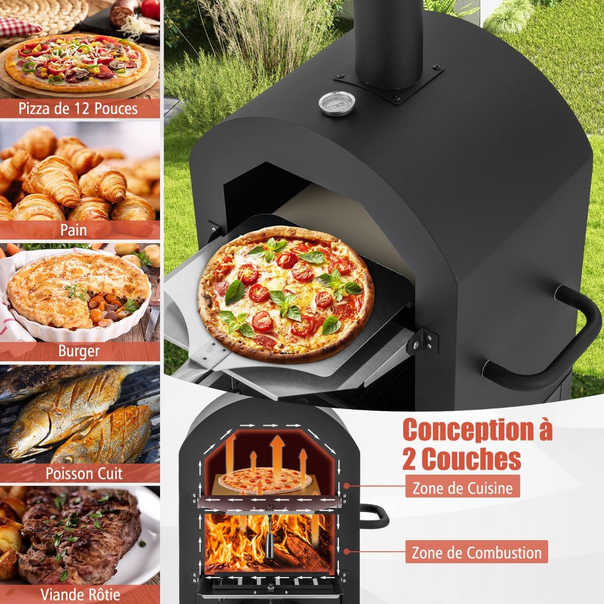 Outdoor Charcoal Pizza Oven with Pizza Shovel Pizza Stone Waterproof Cover Chimney and Double Thermometer Black -