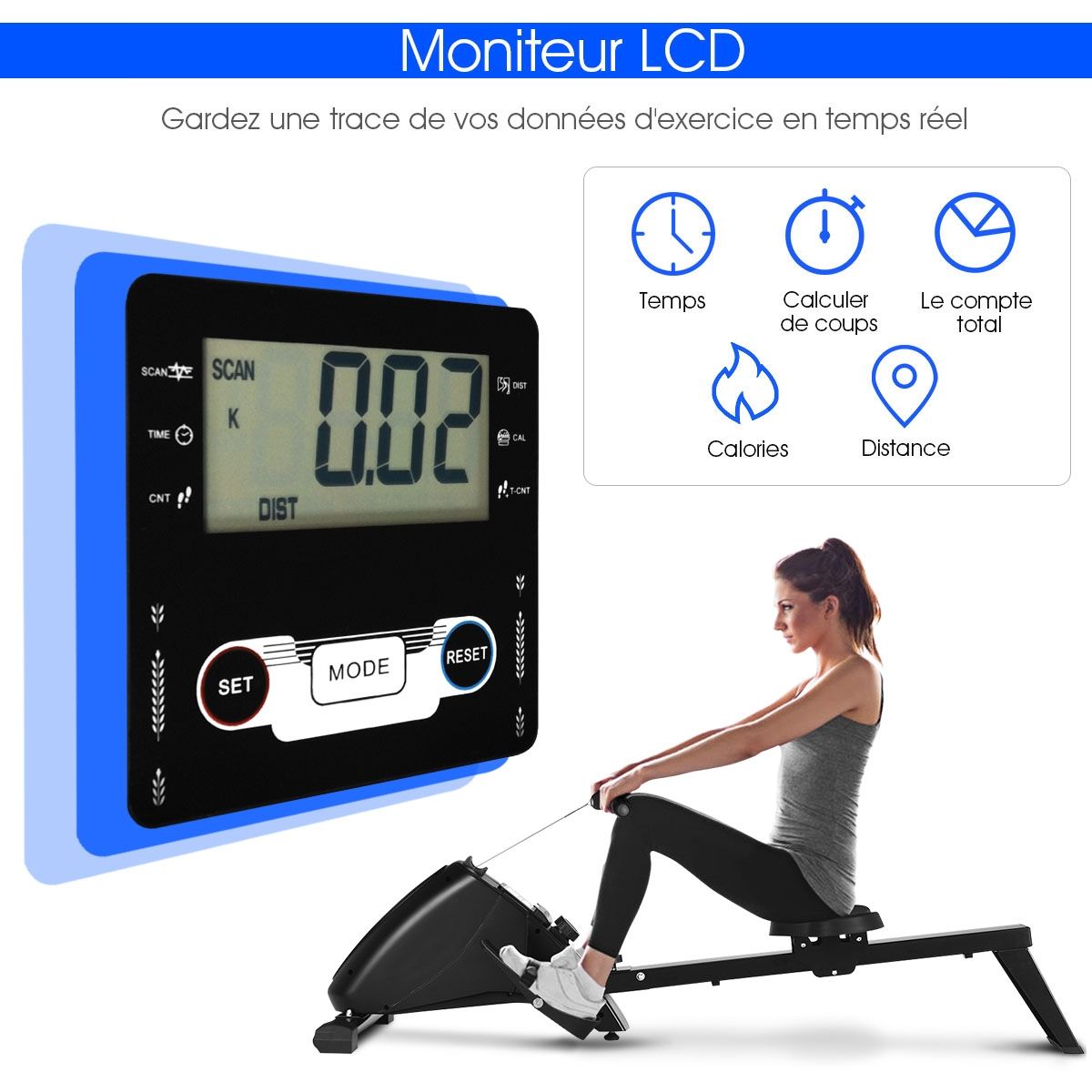 Foldable Rowing Machine with Resistance 10 Levels LCD Screen Capacity 120kg Arm Strength Training Cardio-Training Black -