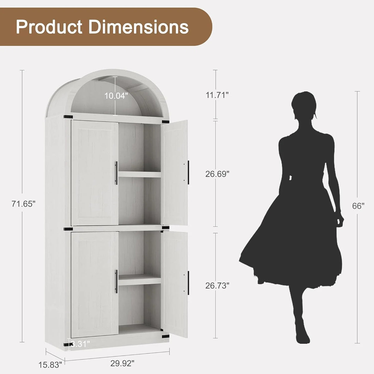 Garvee Arched Storage Cabinet, 71.6" Tall Kitchen Pantry with Doors, 5 - Tier Farmhouse Bookshelf, Large Wooden Display Cabinet for Kitchen, Dining Room, Living Room, White