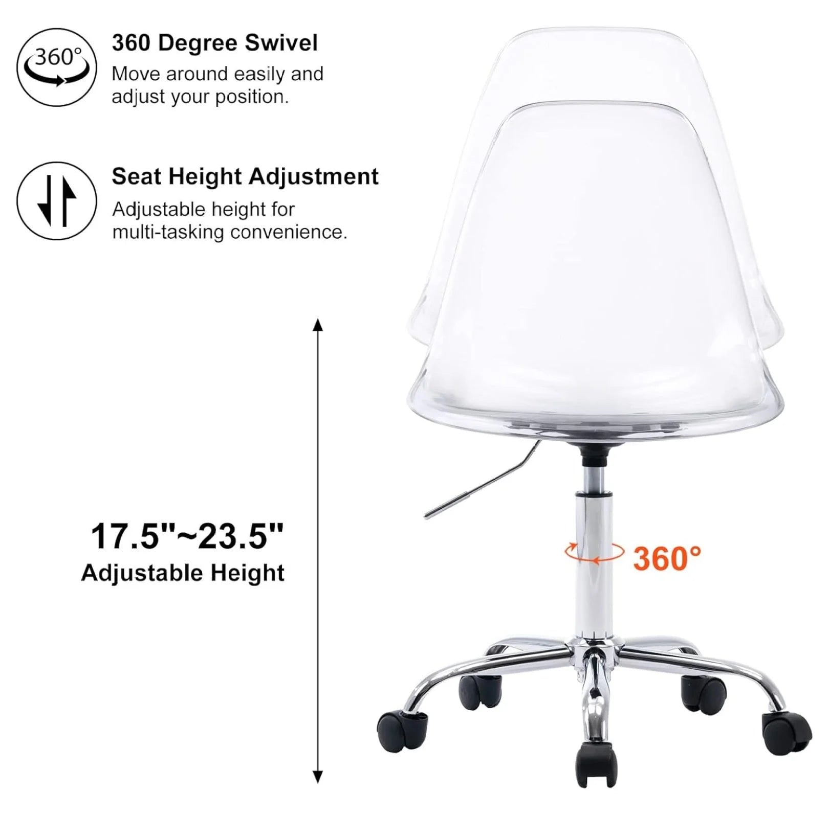 Echoworld Clear Rolling Chair, Armless Desk Chair with Golden Feet Swivel Molded Plastic Shell Adjustable - Product image 13