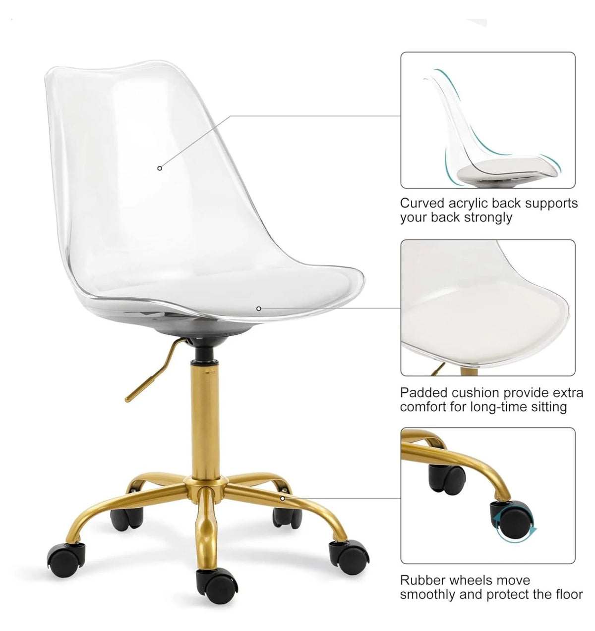 Echoworld Clear Rolling Chair, Armless Desk Chair with Golden Feet Swivel Molded Plastic Shell Adjustable - Product image 37