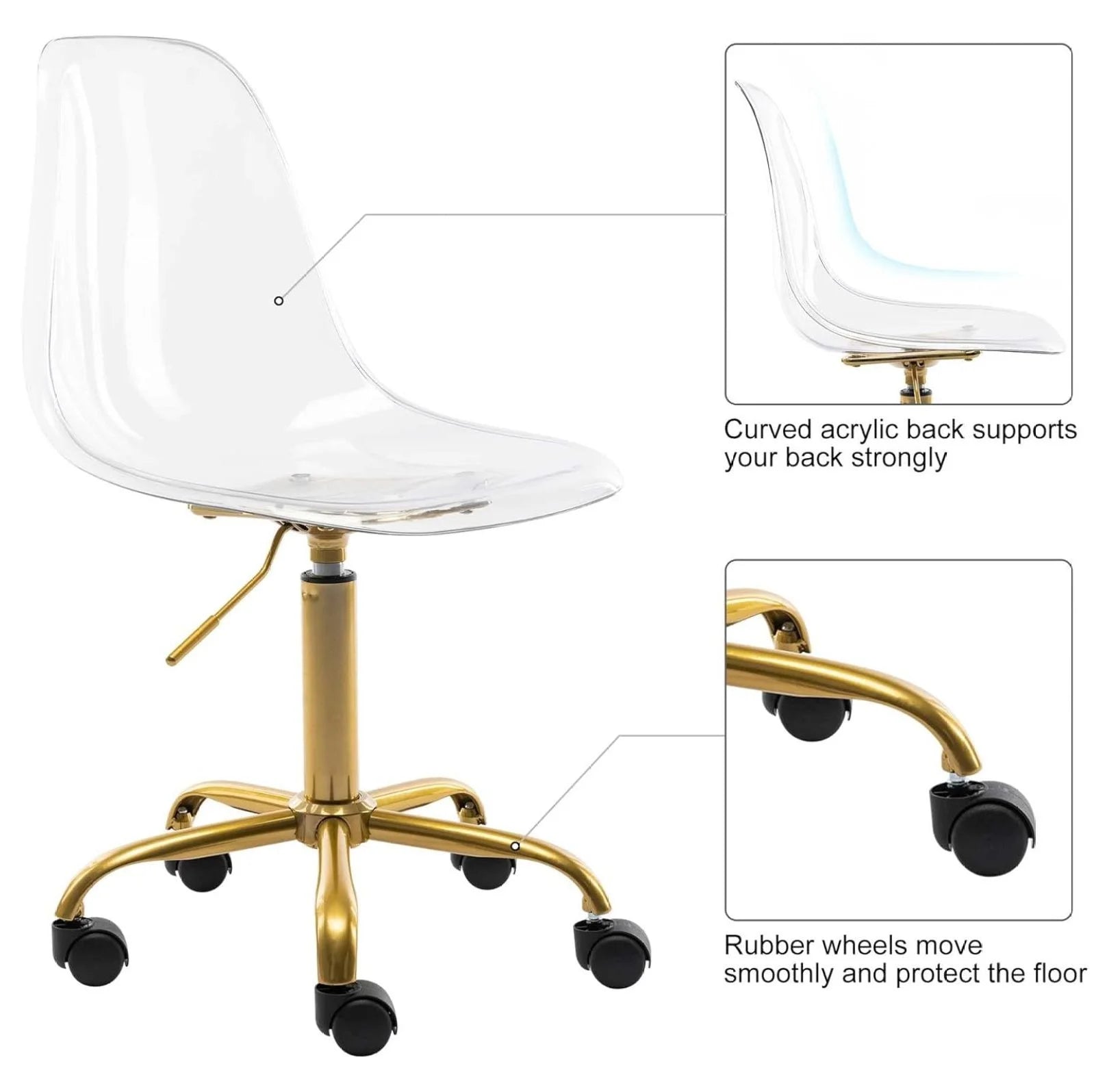 Echoworld Clear Rolling Chair, Armless Desk Chair with Golden Feet Swivel Molded Plastic Shell Adjustable - Product image 6