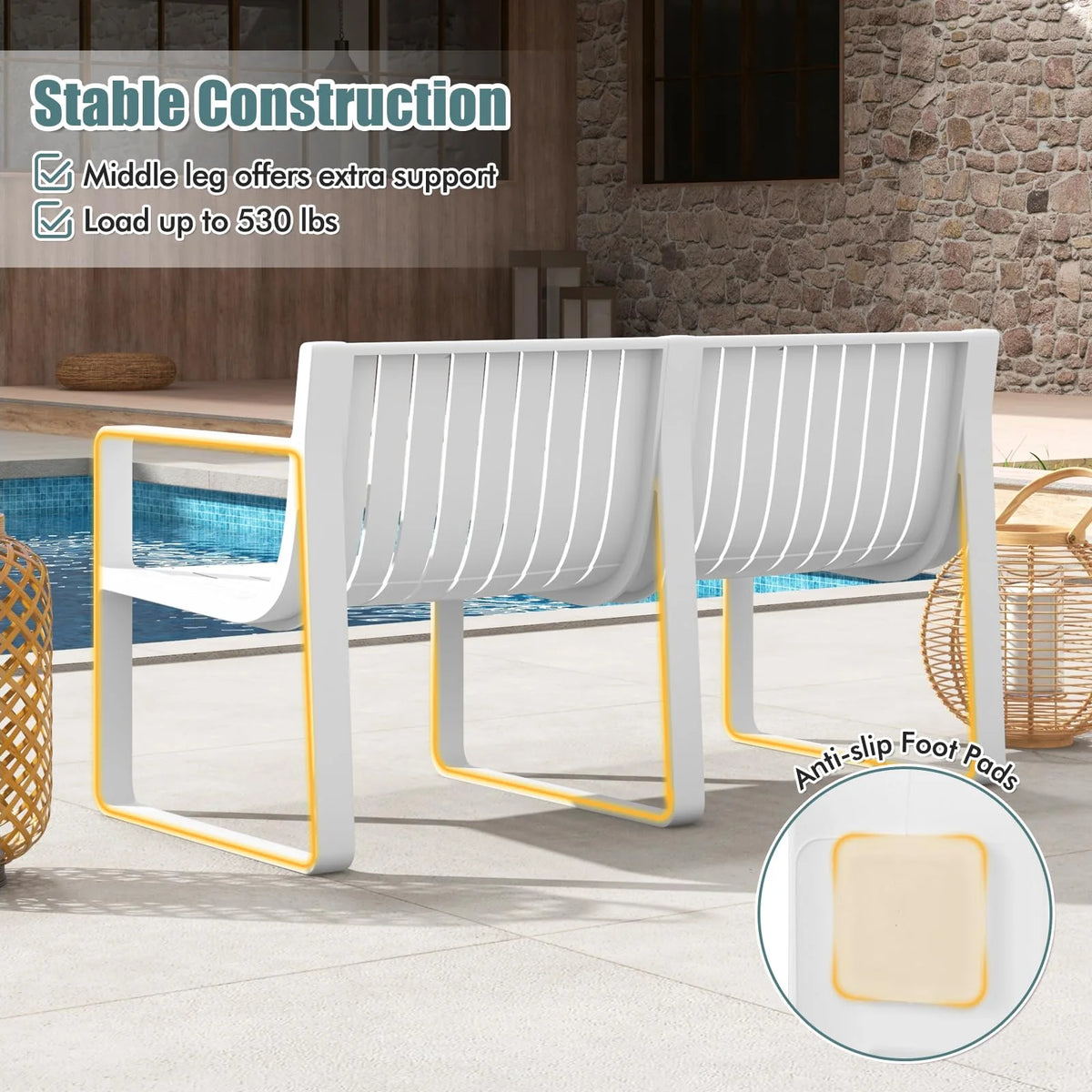 All-Weather Plastic Outdoor Patio Bench, 2-Person Garden Loveseat with Curved Backrest & Slatted Design - Product image 14