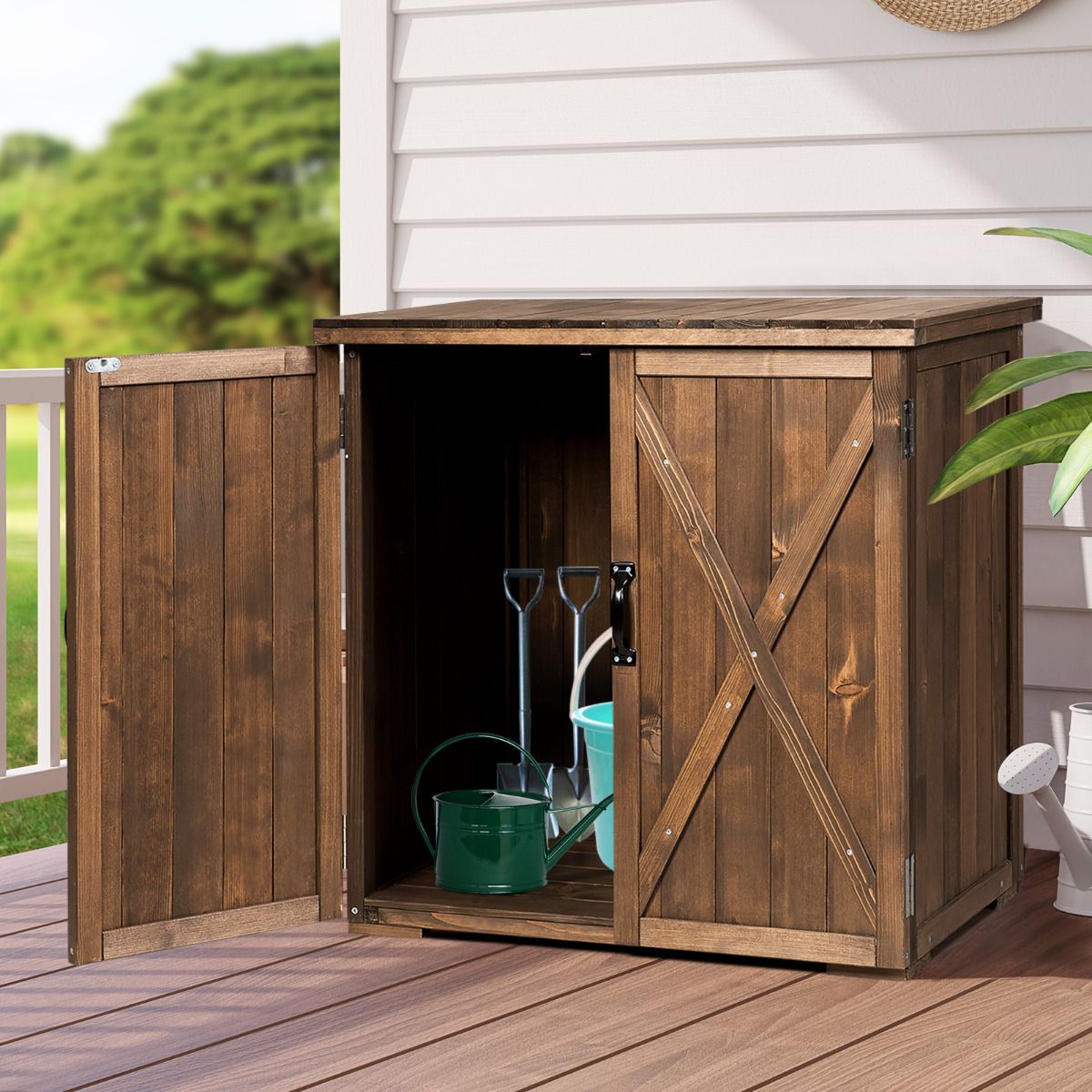 Outdoor Wooden Garden Cabinet 77.5 x 56 x 72 cm Tool Shed with Double Doors Brown -