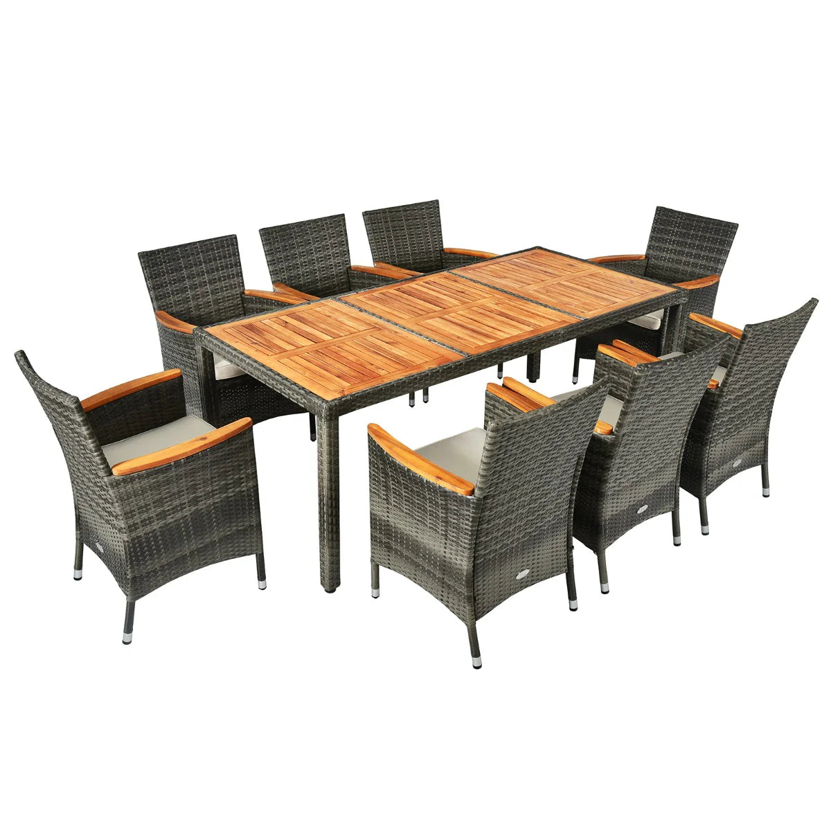 Garden furniture with 1 table and 8 chairs in wood and anti-UV rattan, adjustable feet and waterproof cushions included 20_0009211 -