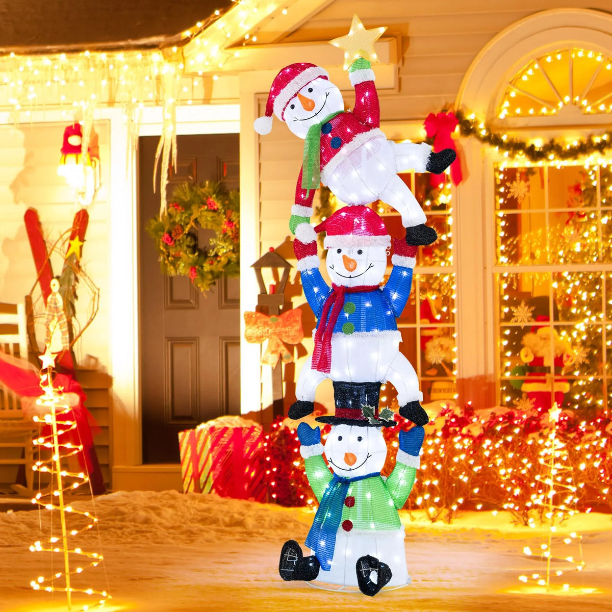 Tangkula 6 FT Lighted Christmas Stacked Snowman Set, Light-up Christmas Decoration with 155 LED Lights - Product image 3