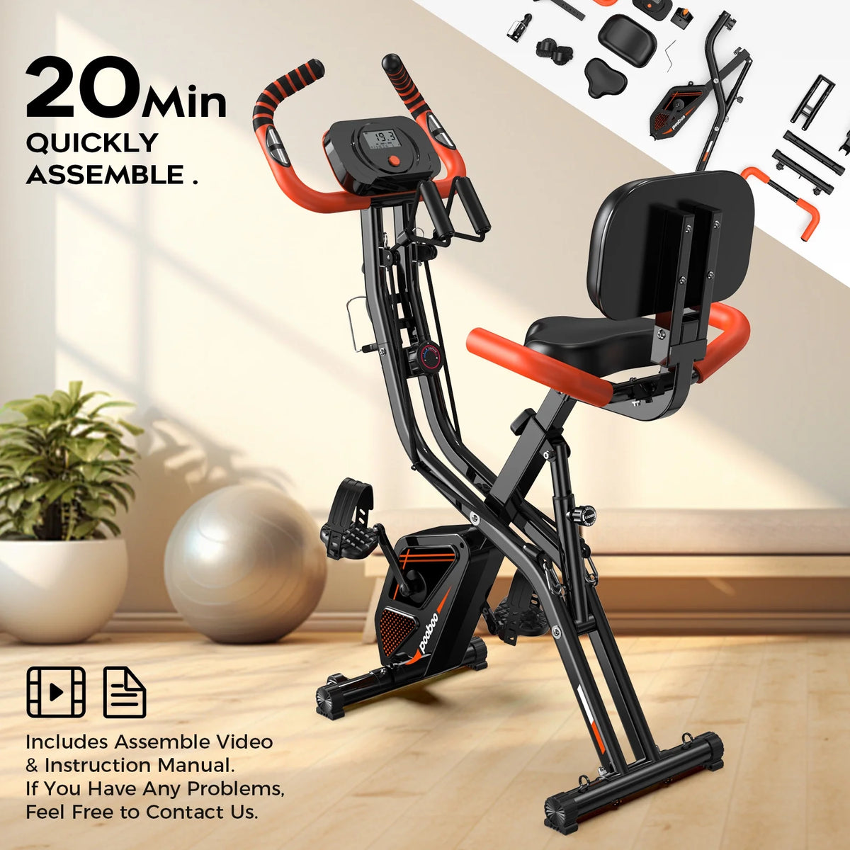 Pooboo 4 - in - 1 Exercise Bike, Foldable Stationary Bike, Tri - Position Indoor Cycling Bike with 8 - Product image 6