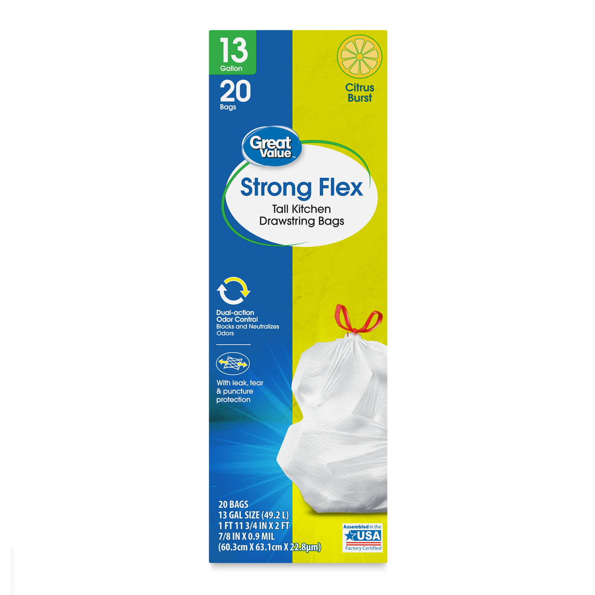 Great Value Strong Flex 13-Gallon Drawstring Tall Kitchen Trash Bags, Citrus Burst, 20 Count - Product image 1