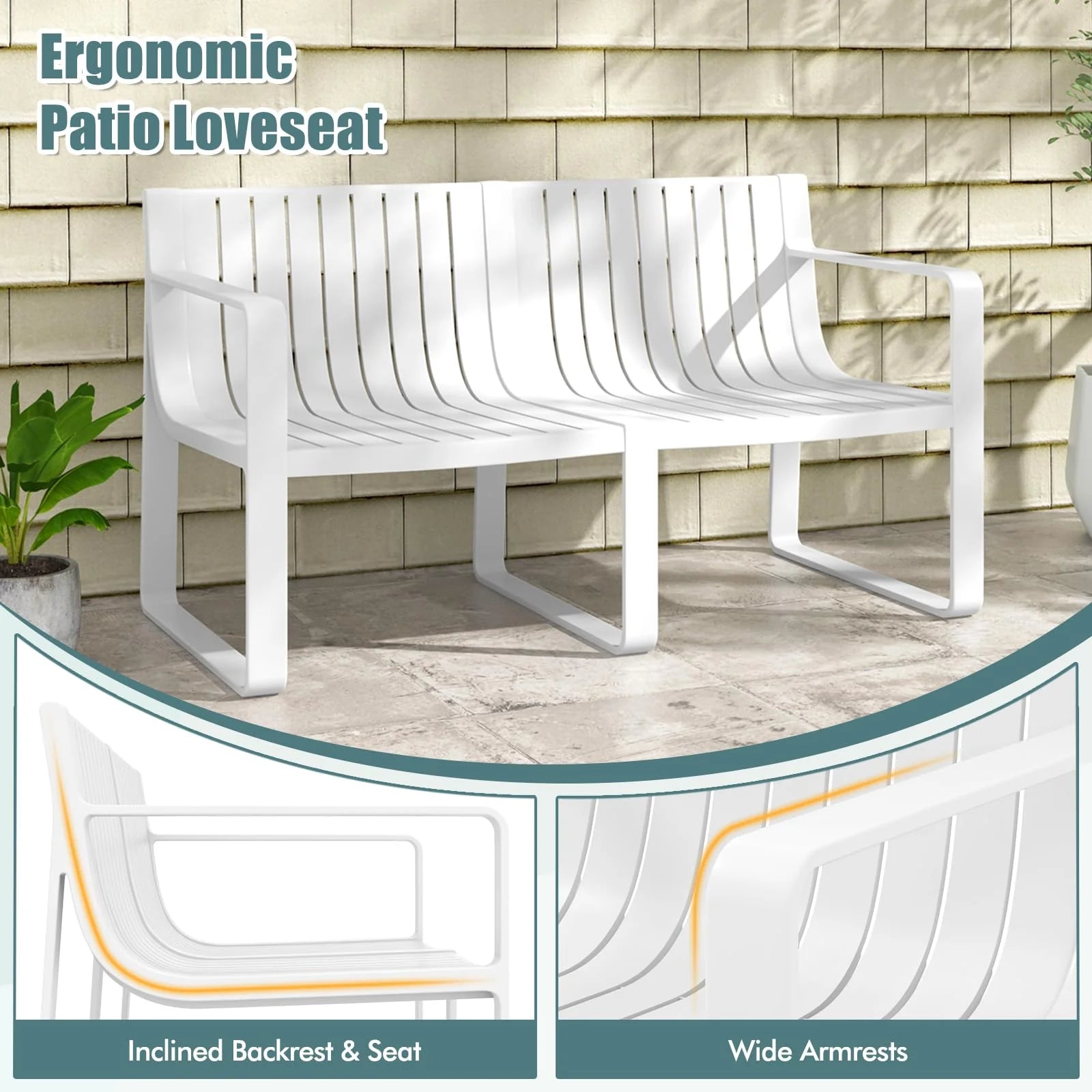 All-Weather Plastic Outdoor Patio Bench, 2-Person Garden Loveseat with Curved Backrest & Slatted Design - Product image 18