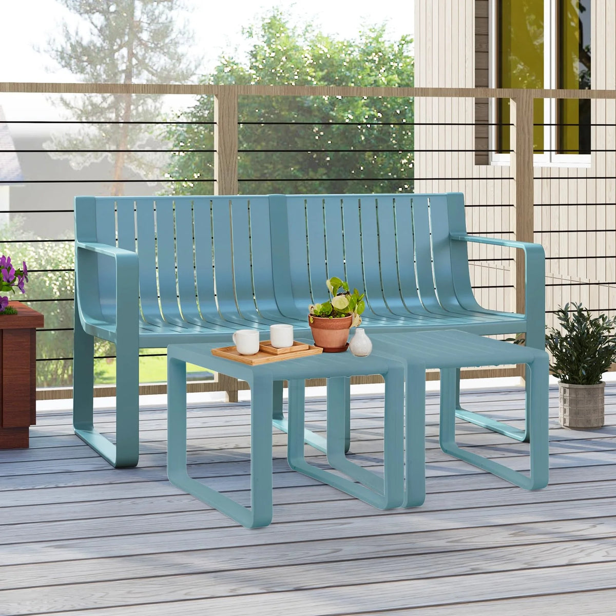 All-Weather Plastic Outdoor Patio Bench, 2-Person Garden Loveseat with Curved Backrest & Slatted Design for - Product image 3