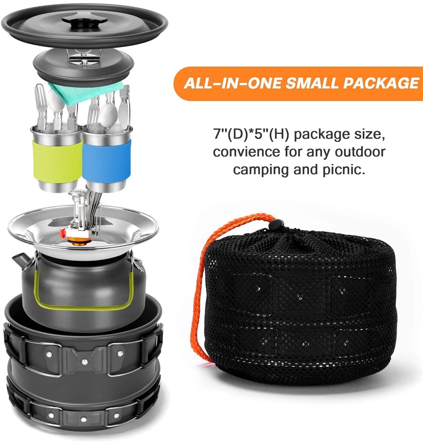 16pcs Camping Cookware Set with Folding Camping Stove, Non - Stick Lightweight Pot Pan Kettle Set with - Product image 5