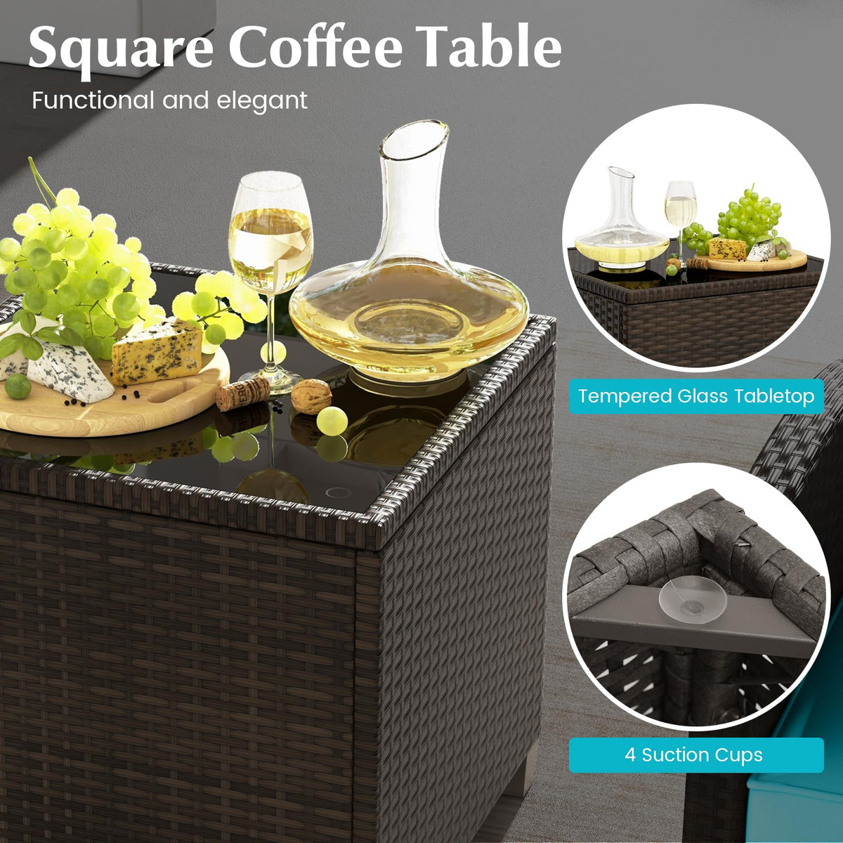 Tangkula 5 Piece Patio Rattan Furniture - Wicker Cushioned Chairs Set w/ 2 Ottomans & Tempered Glass Coffee - Product image 7