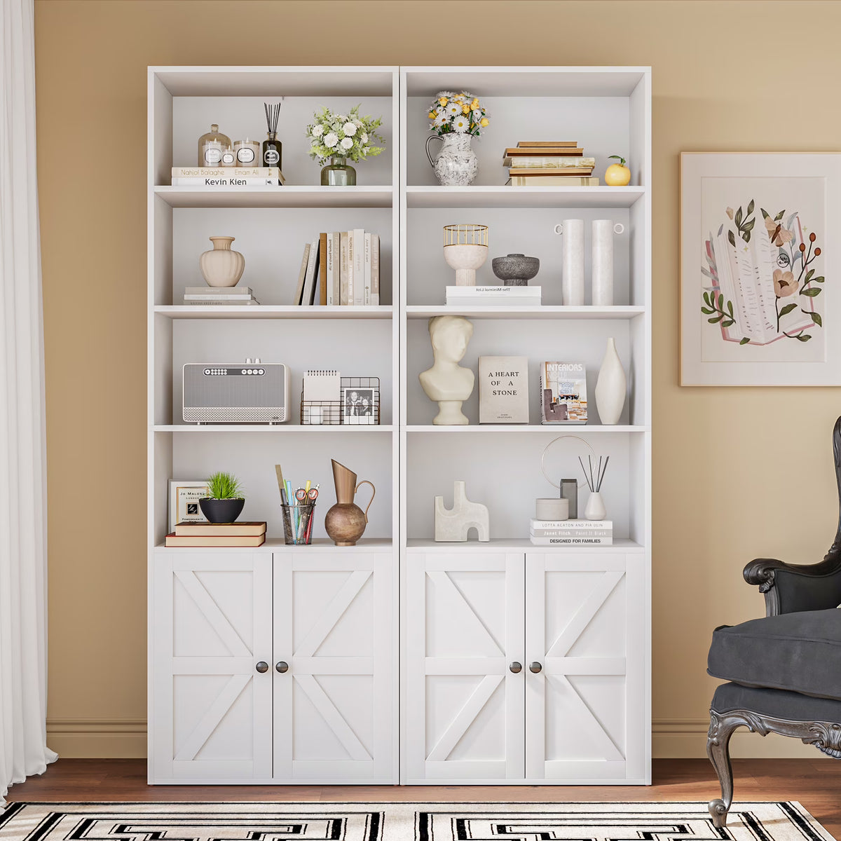 Furmax 1 Piece 4 - Shelf Farmhouse Bookcases 4 - Tier Bookshelf with Adjustable Shelves&Doors - Product image 1