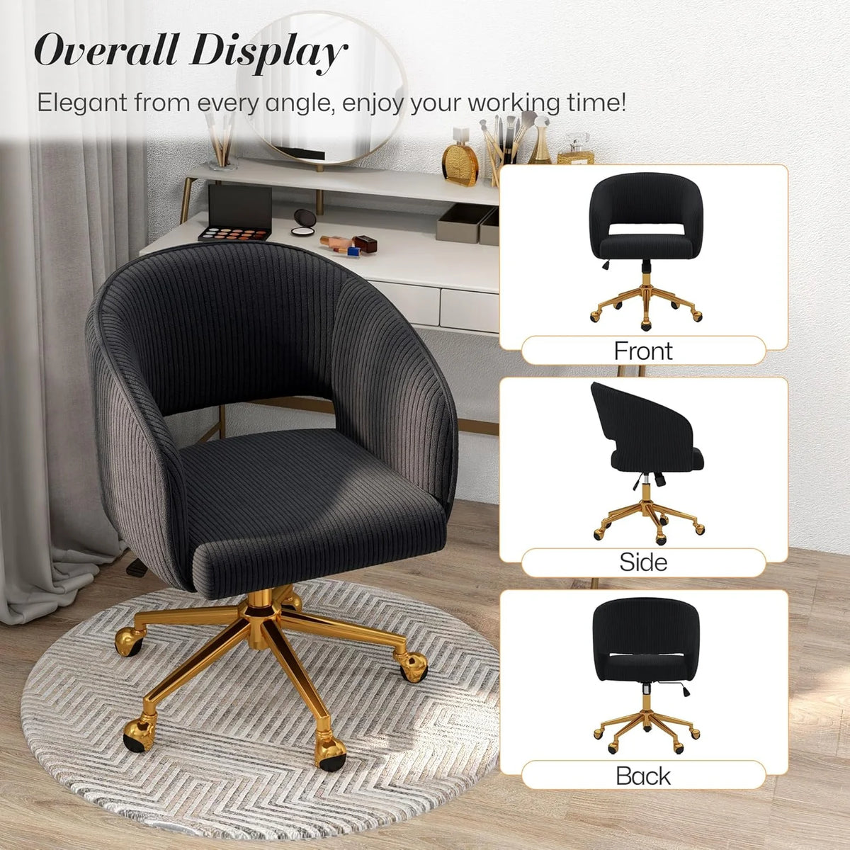 Home Office Swivel Desk Chair, Modern Velvet Vanity Chair, Height Adjustable Armchair with Gold Base - Product image 44
