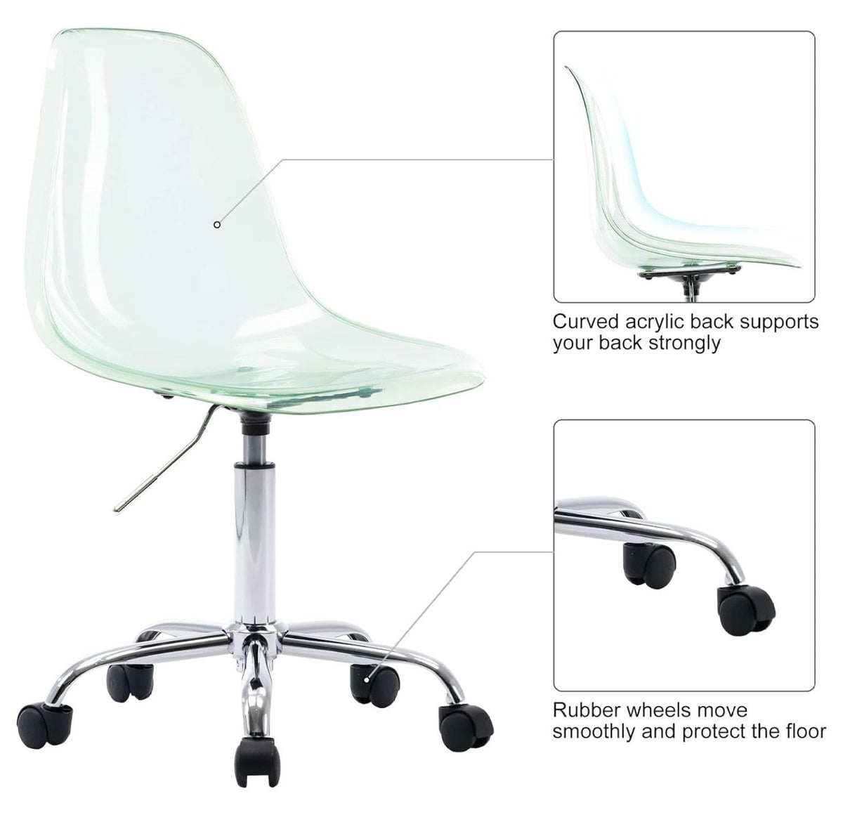 Echoworld Clear Rolling Chair, Armless Desk Chair with Golden Feet Swivel Molded Plastic Shell Adjustable - Product image 20