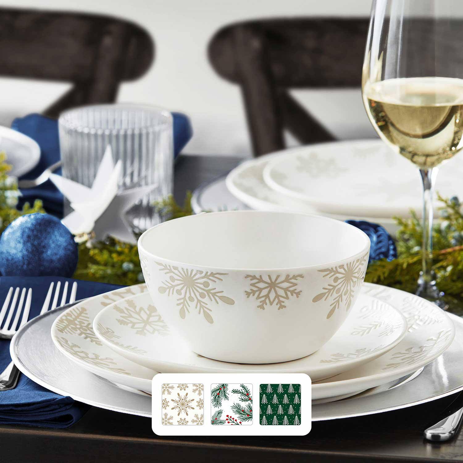 Member's Mark 12-Piece Stoneware Holiday Dinnerware Set - Snowflakes - Product image 1